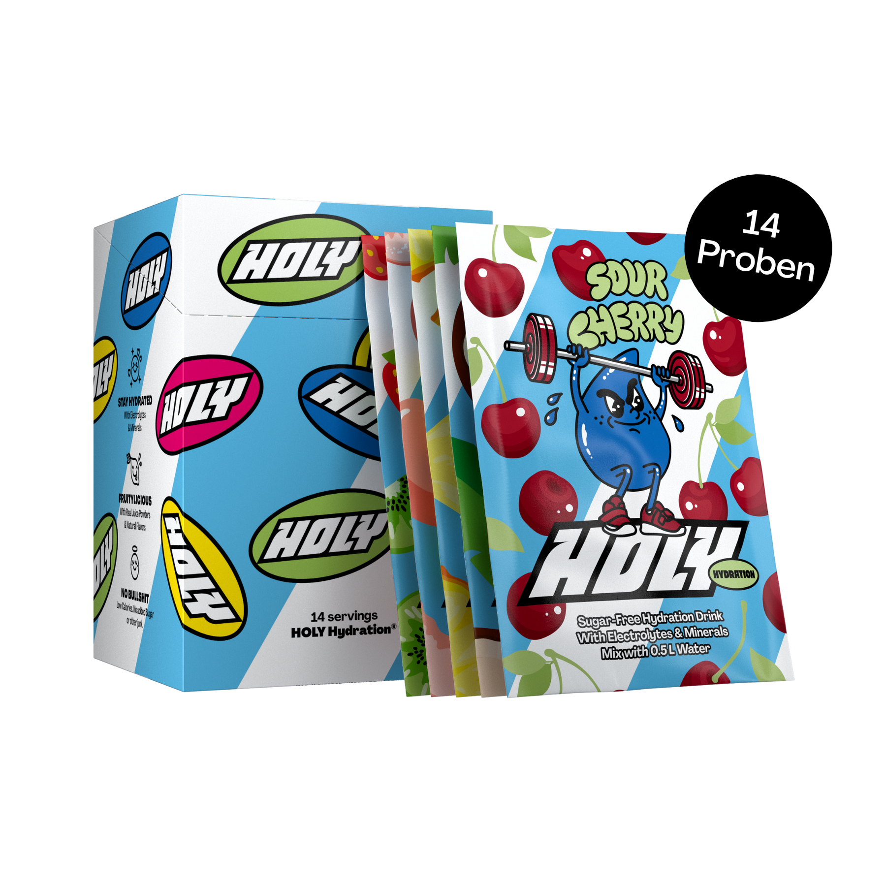Bunte Pappbox mit 14 Probepackungen "Sour Cherry" Getränkepulver, verziert mit Kirschen-Motiv.