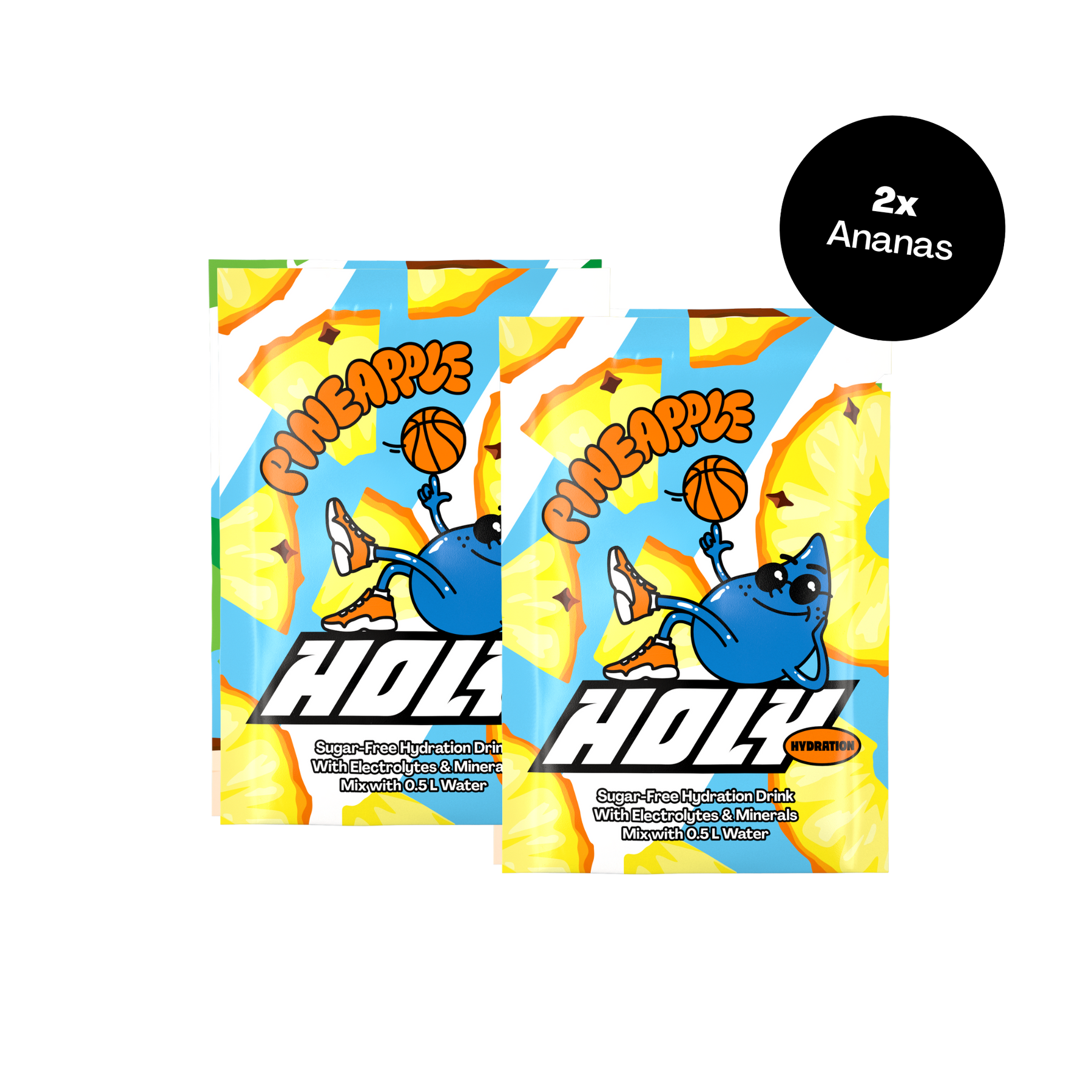 Zwei bunte Ananas-Sachets mit blauer Cartoon-Figur und Basketball auf hellem Hintergrund.