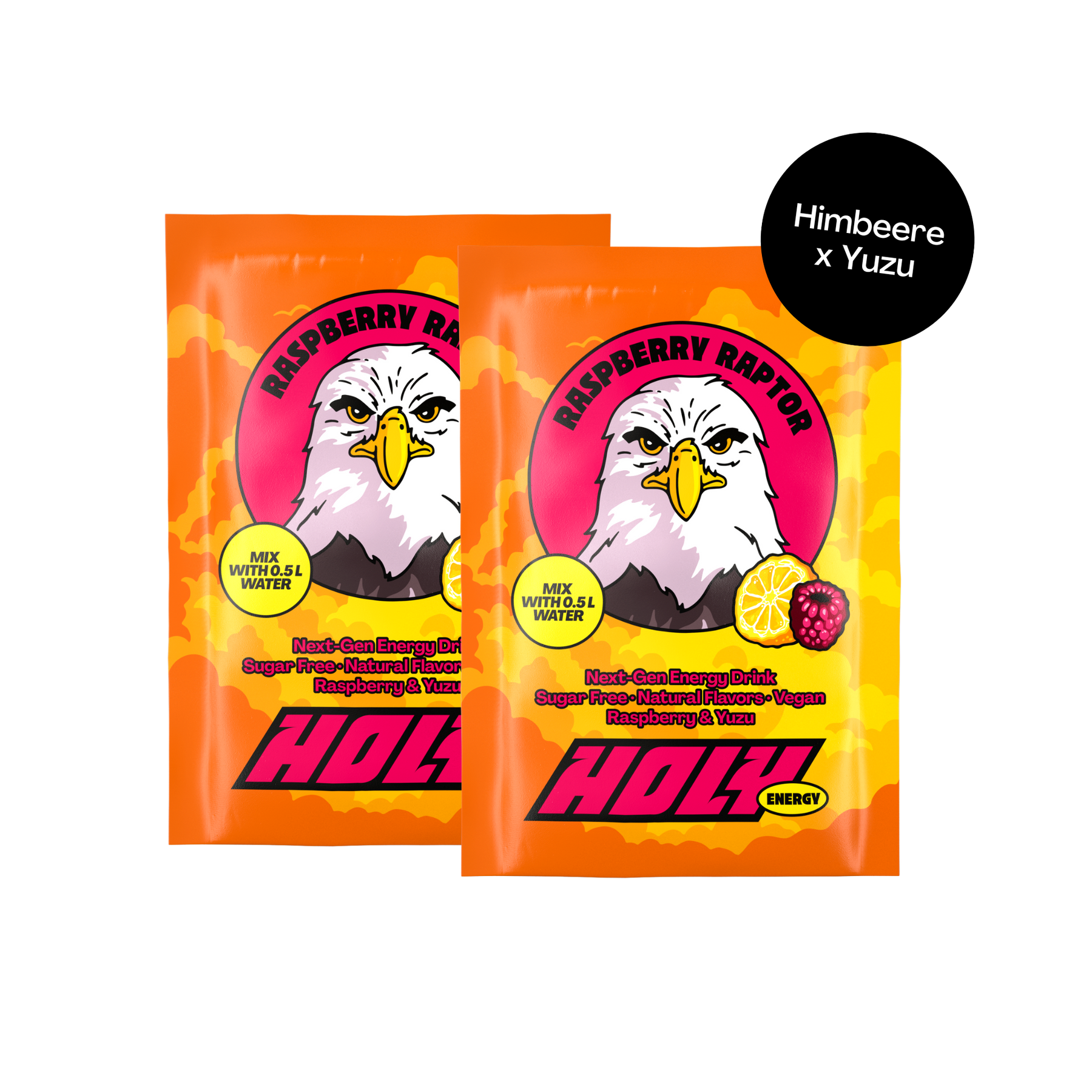Zwei bunte Probepackungen mit Adler-Illustration für Himbeer-Yuzu-Geschmack. Text: "Raspberry Raptor".