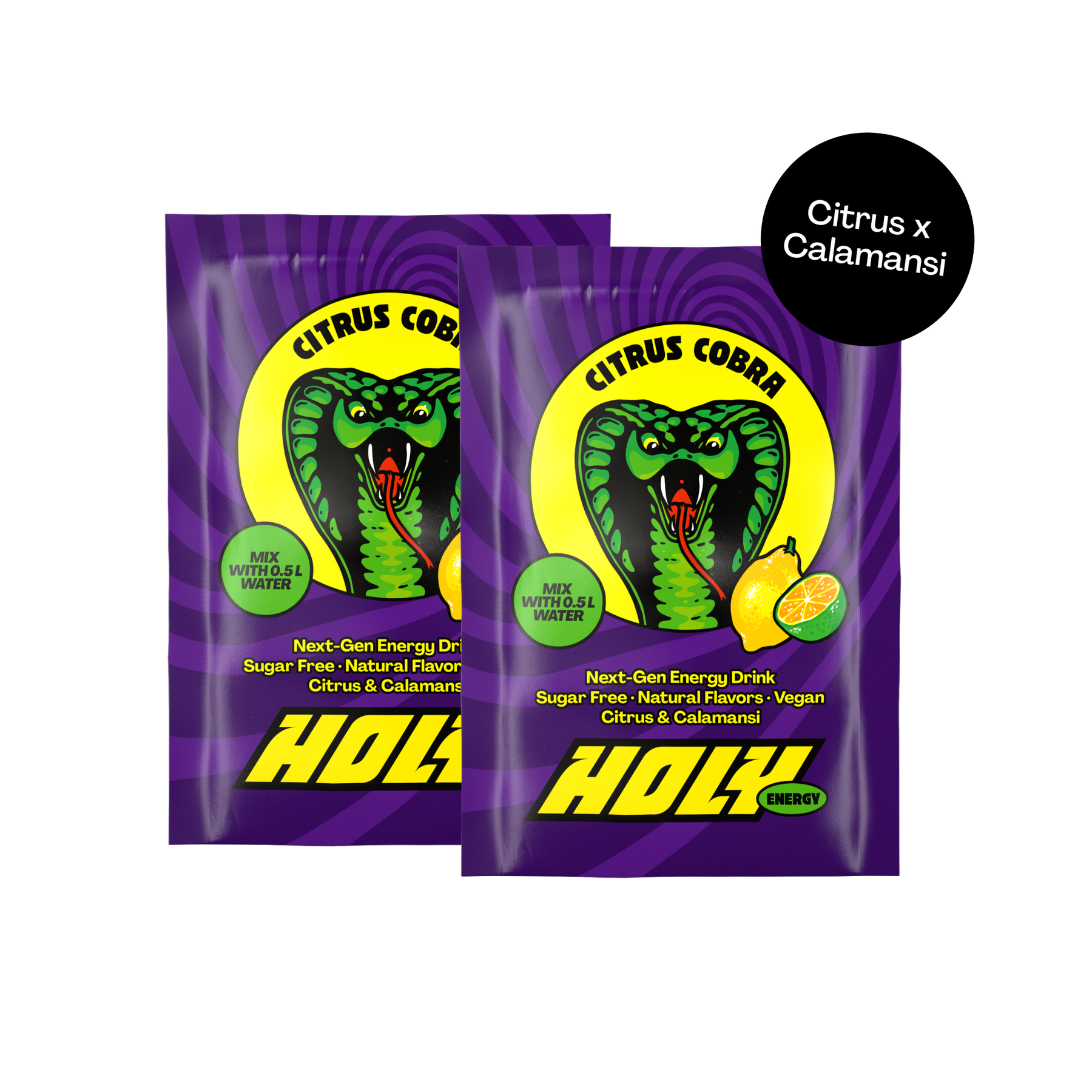 Zwei lila Probepackungen von "Citrus Cobra"-Energy-Drink mit gelbem Logo einer grünen Kobra und Zitrusfrüchten.