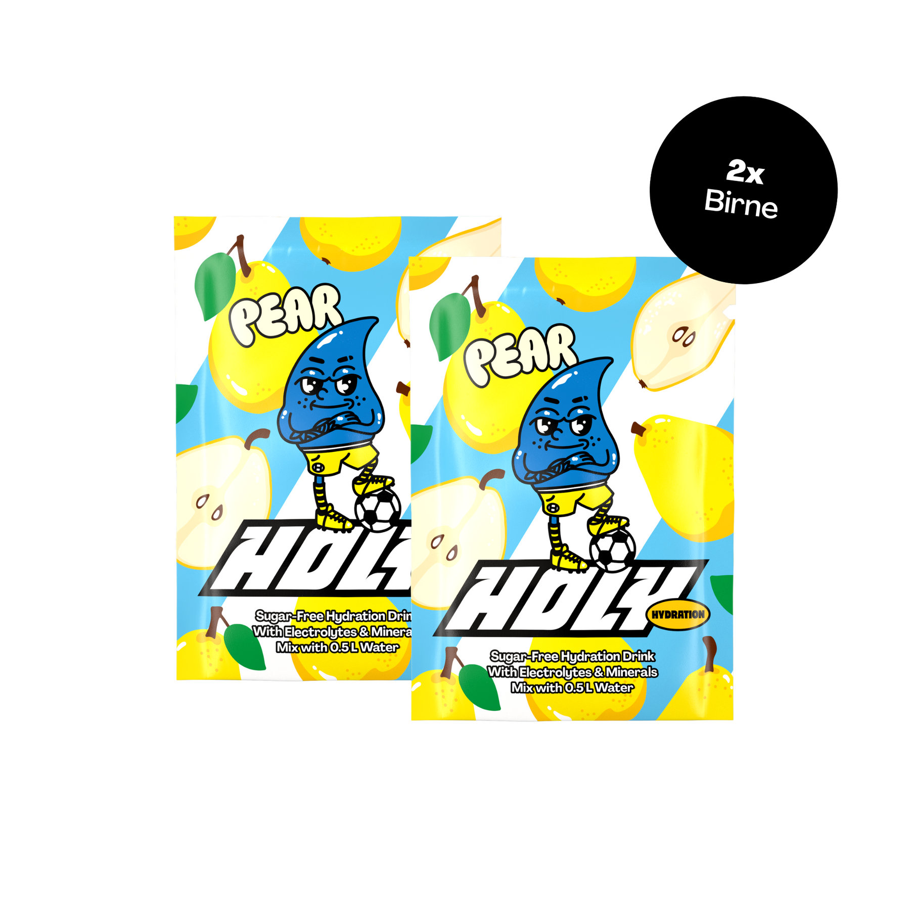 Zwei Probepackungen eines zuckerfreien Getränks mit Birnengeschmack, verziert mit einem Cartoon-Design.