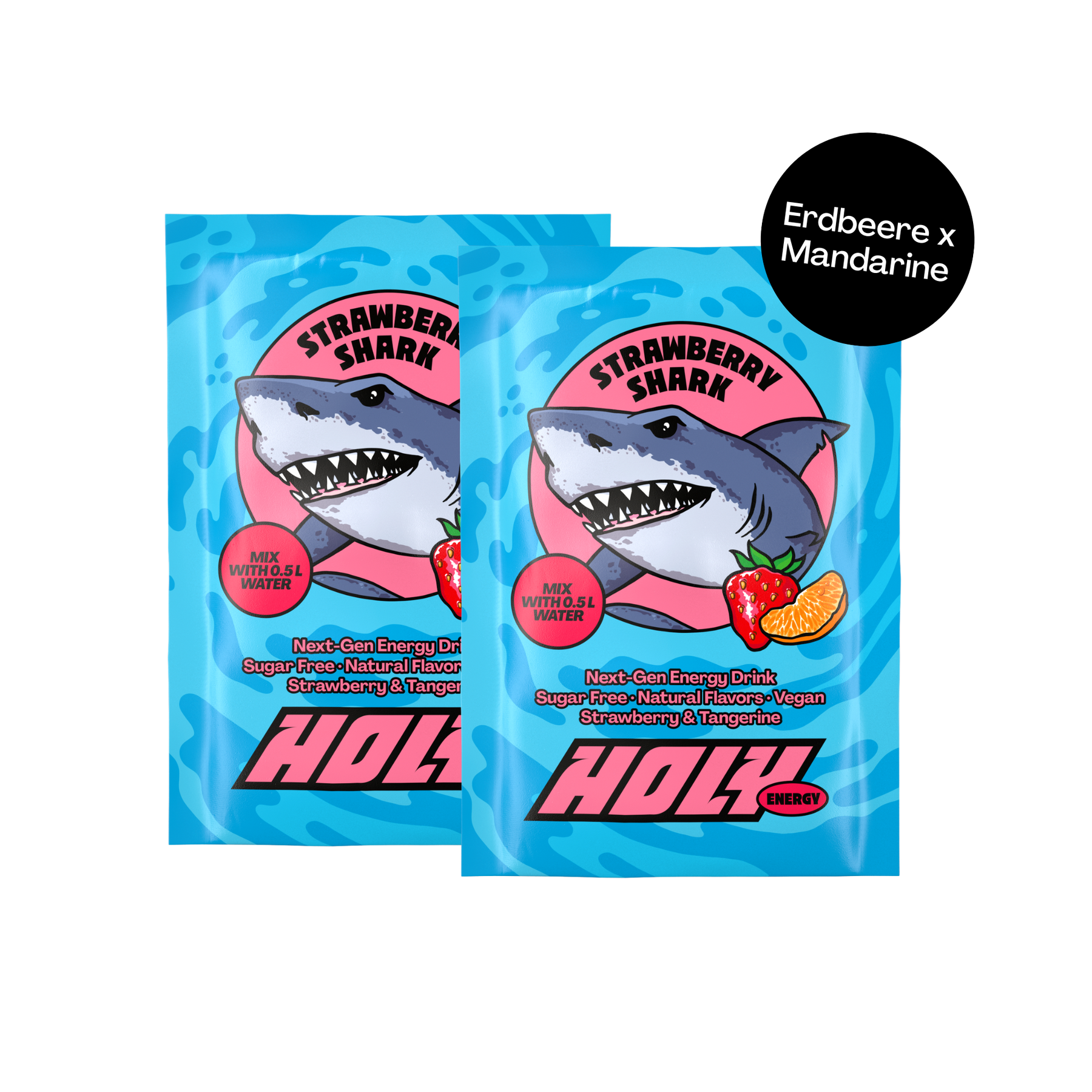 Zwei blaue Probepackungen mit einem weißen Hai und Früchten, gekennzeichnet als "Strawberry Shark".