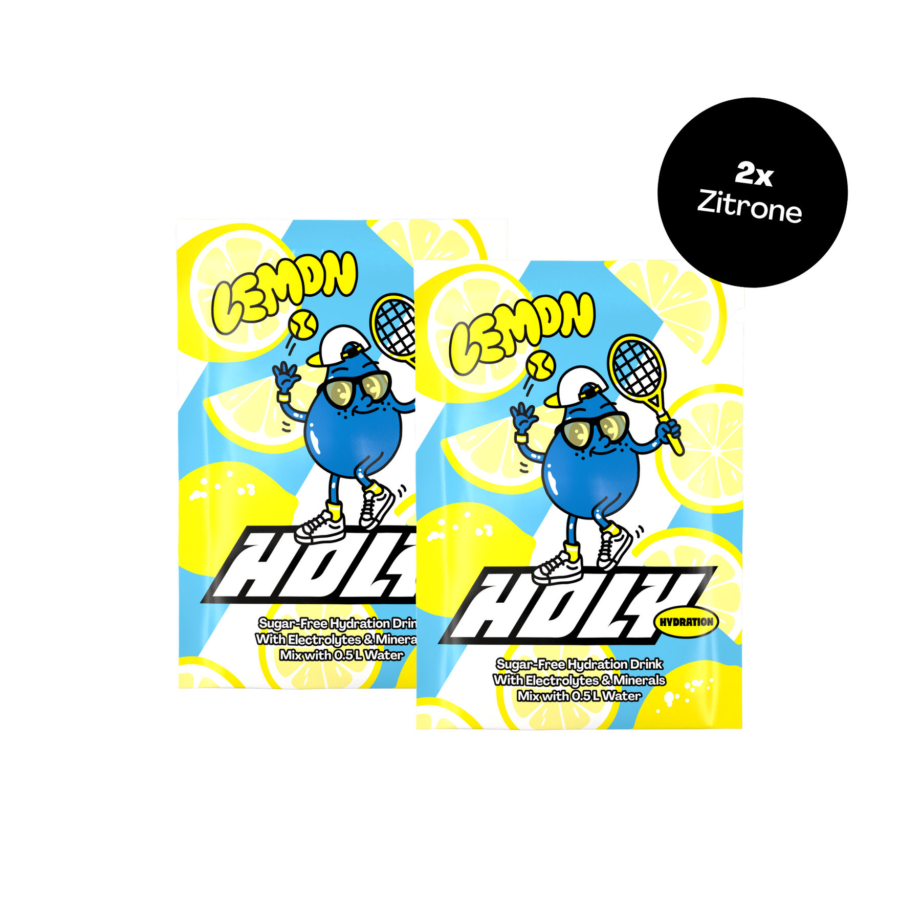 Zwei Probepackungen in Zitronengeschmack mit Cartoon-Blau von einer blauen Figur mit Tennisschläger.