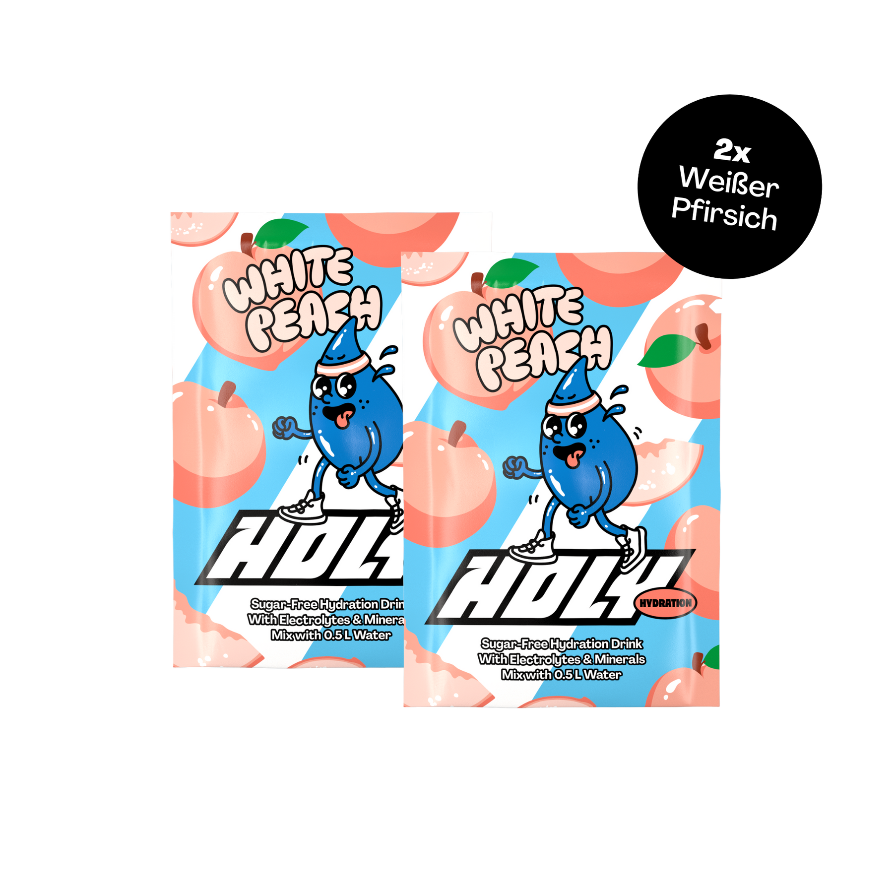 Zwei Probepackungen mit weißer Pfirsich-Aufschrift, jeweils mit blauer Cartoonfigur auf pfirsichfarbenem Hintergrund.
