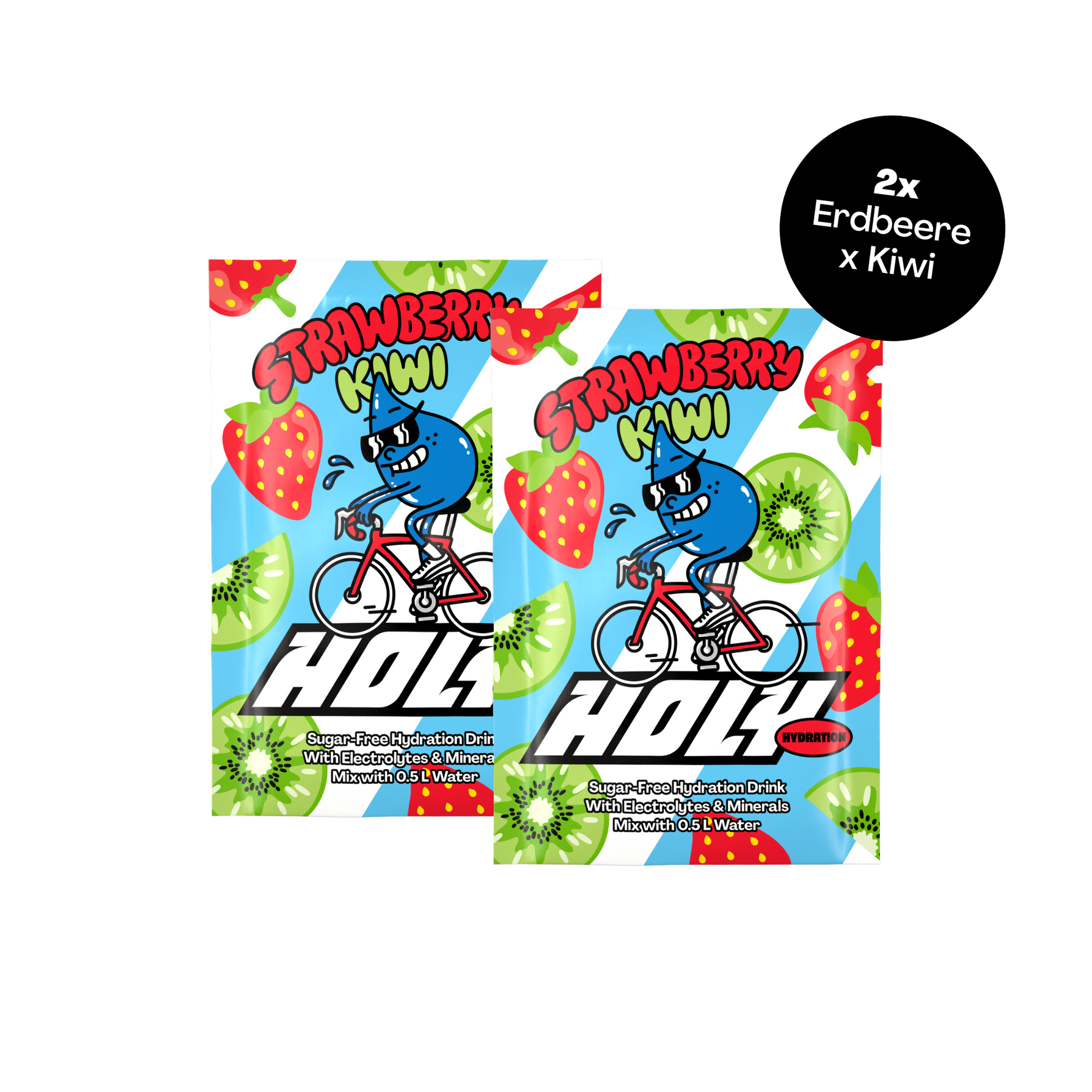 Zwei Probepackungen mit Erdbeer-Kiwi-Design und einem blauen Maskottchen auf einem Fahrrad.
