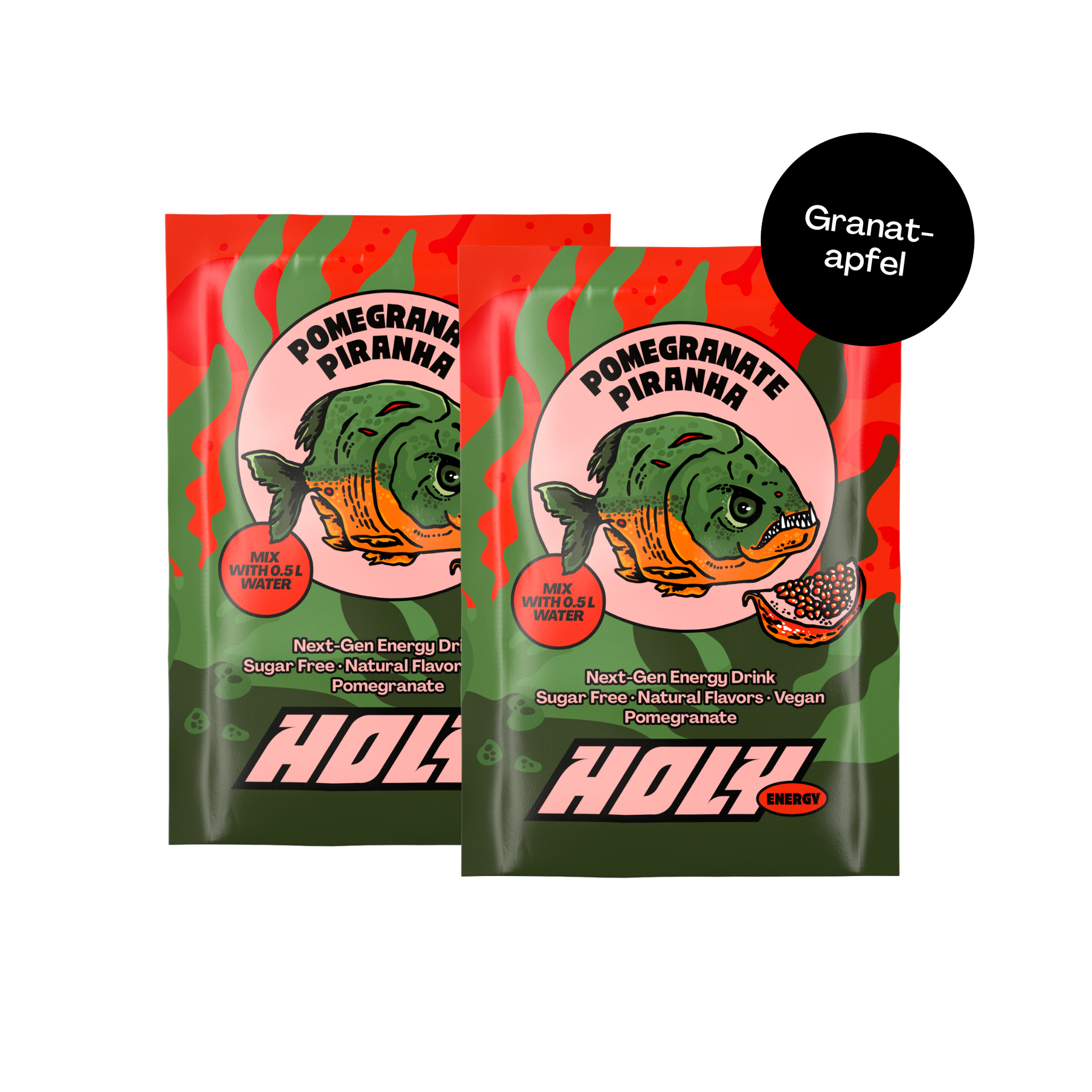 Zwei Pappboxen mit Probepackungen des energiegetränks "Pomegranate Piranha" mit einem Piranha-Motiv.