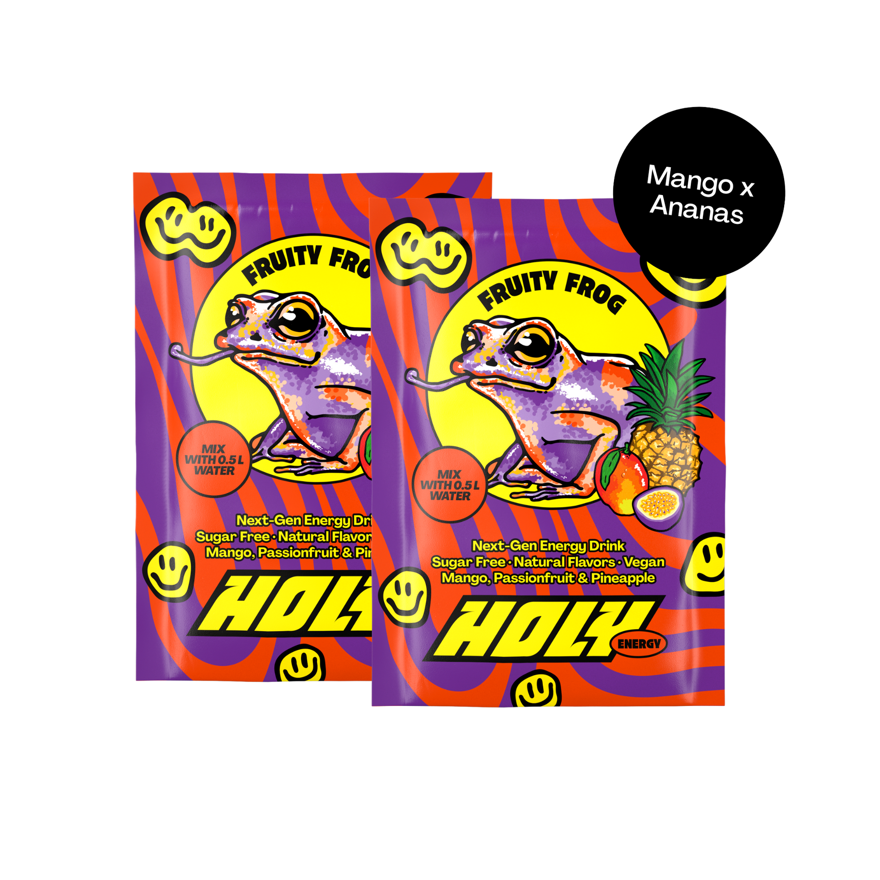 Zwei bunte Sachets mit Zeichnung eines Frosches und Fruchtmotiven, beschriftet mit "Mango x Ananas".