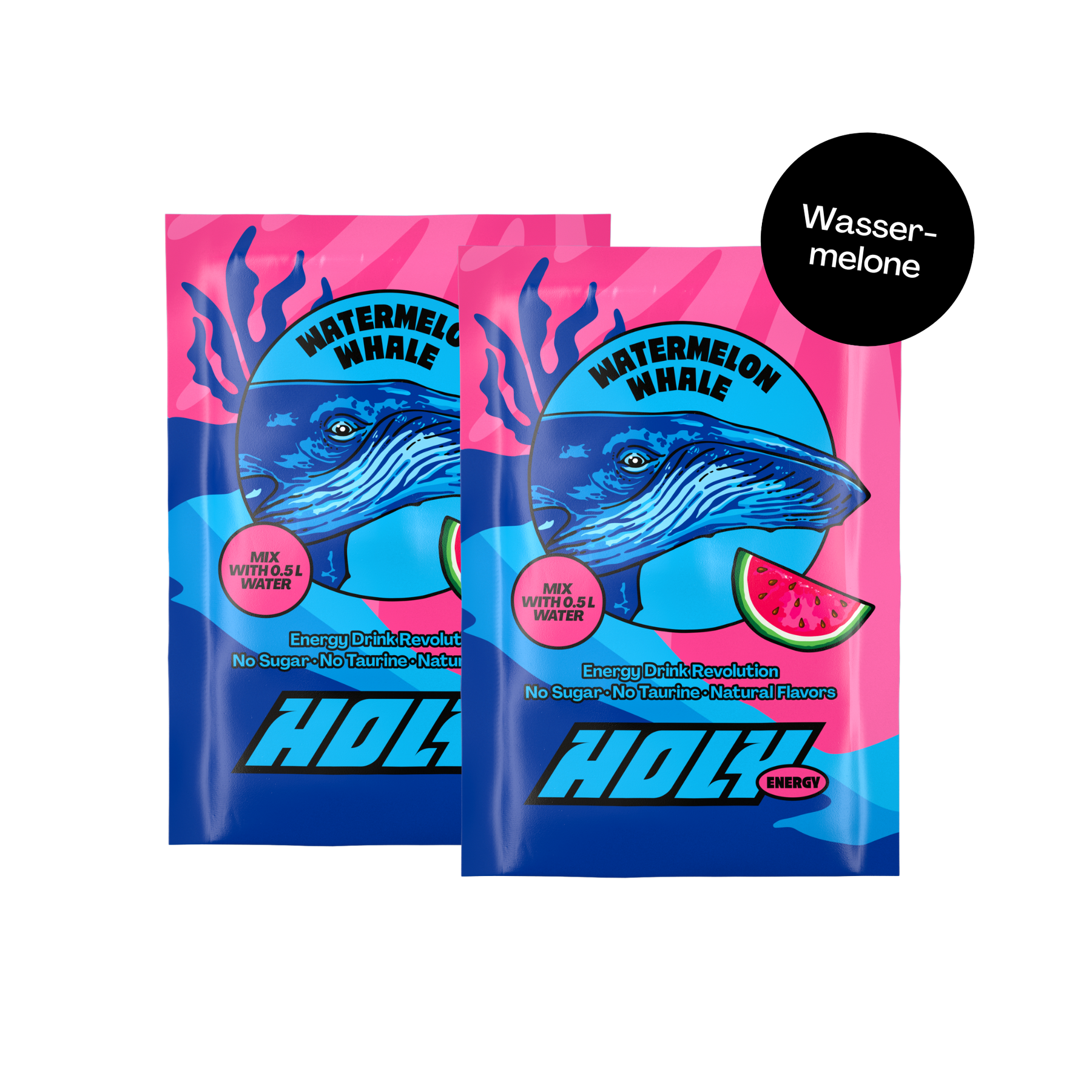 Zwei bunte Sachets mit einem Wal- und Wassermelonen-Design, beschriftet mit "Watermelon Whale" und "Mix with 0.5L water".