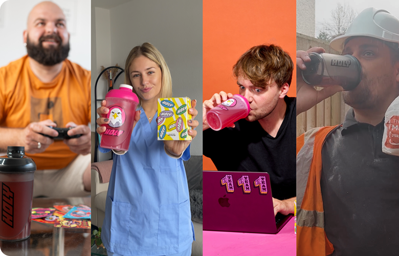 Mehrere Personen trinken aus Shakern und halten Pappdosen und Probepackungen vor unterschiedlichen Hintergründen.