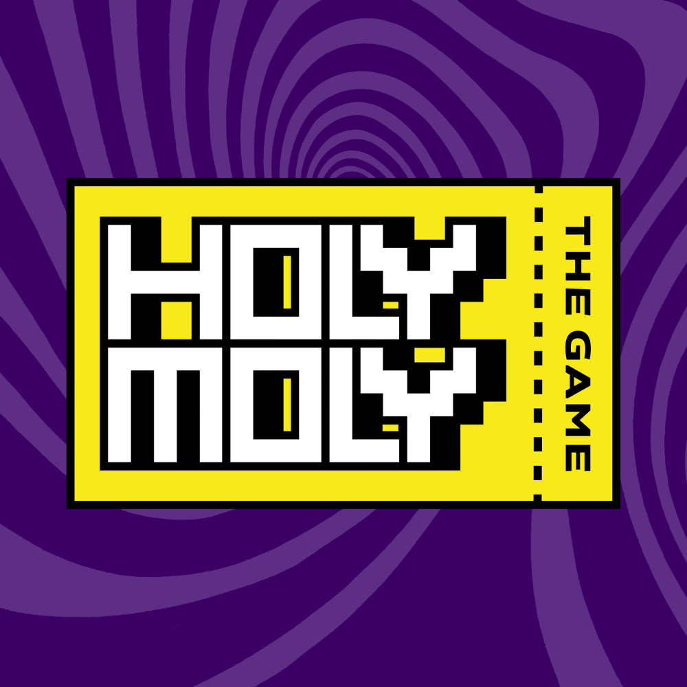 Gelbes Schild mit pixeligem Text "HOLY MOLY - THE GAME" auf lila Hintergrund mit spiralförmigem Muster.