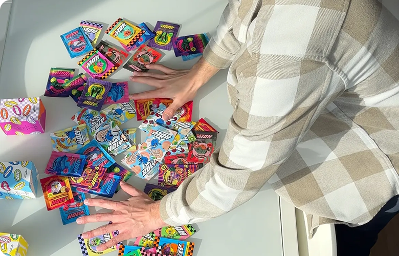 Eine Person sortiert bunte Pappboxen mit zahlreichen Probepackungen auf einem Tisch.