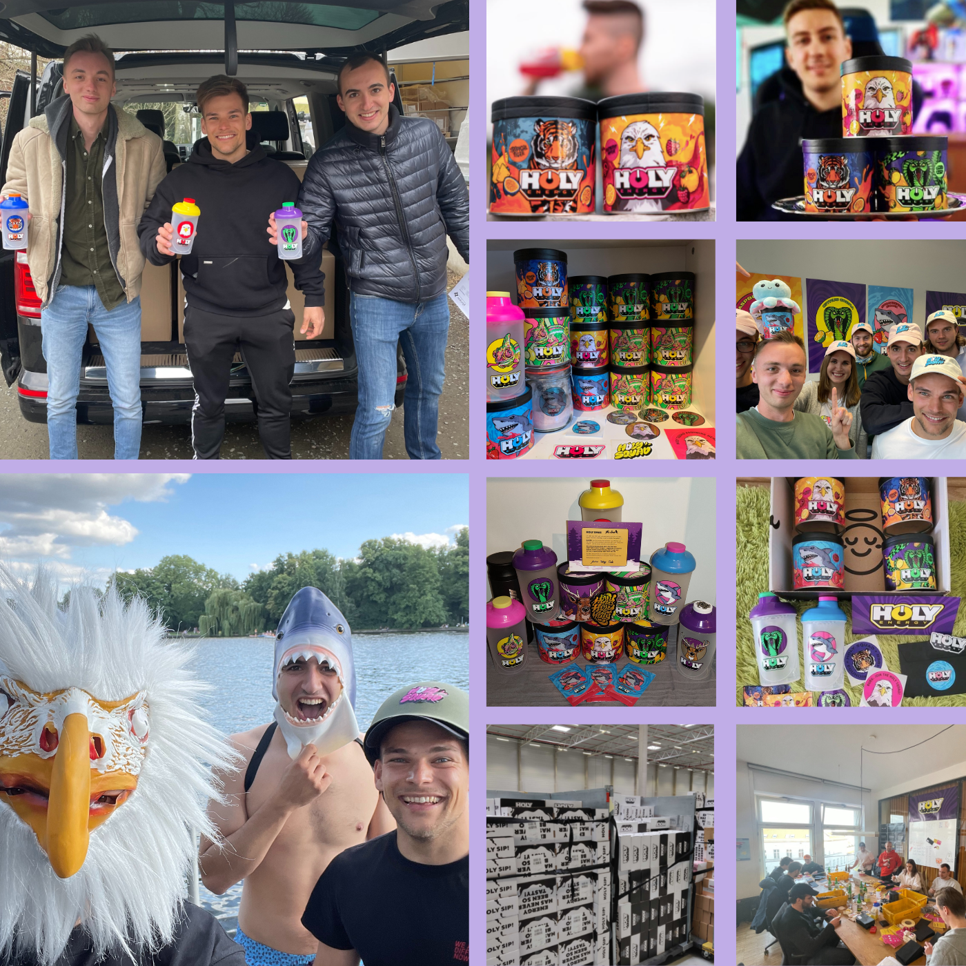 Collage mit Personen, Pappdosen, Shakern und Papierschachteln, teils im Freien, teils in Innenräumen.