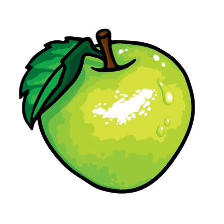 Illustration eines grünen Apfels mit Blatt und Wassertropfen.