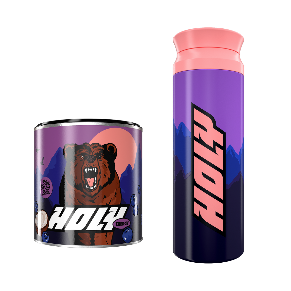 Lila Pappdose mit Bärenmotiv und Shaker in gleichen Farben, verziert mit dem Schriftzug "HOLY".