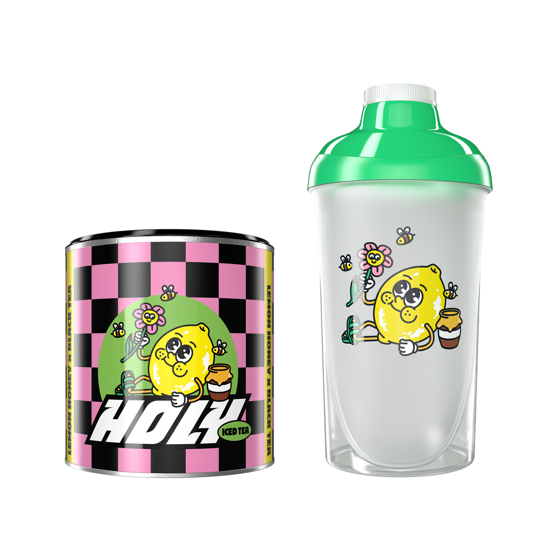 Pappdose und Shaker mit einem Cartoon-Zitronenmotiv und Blumenmuster.