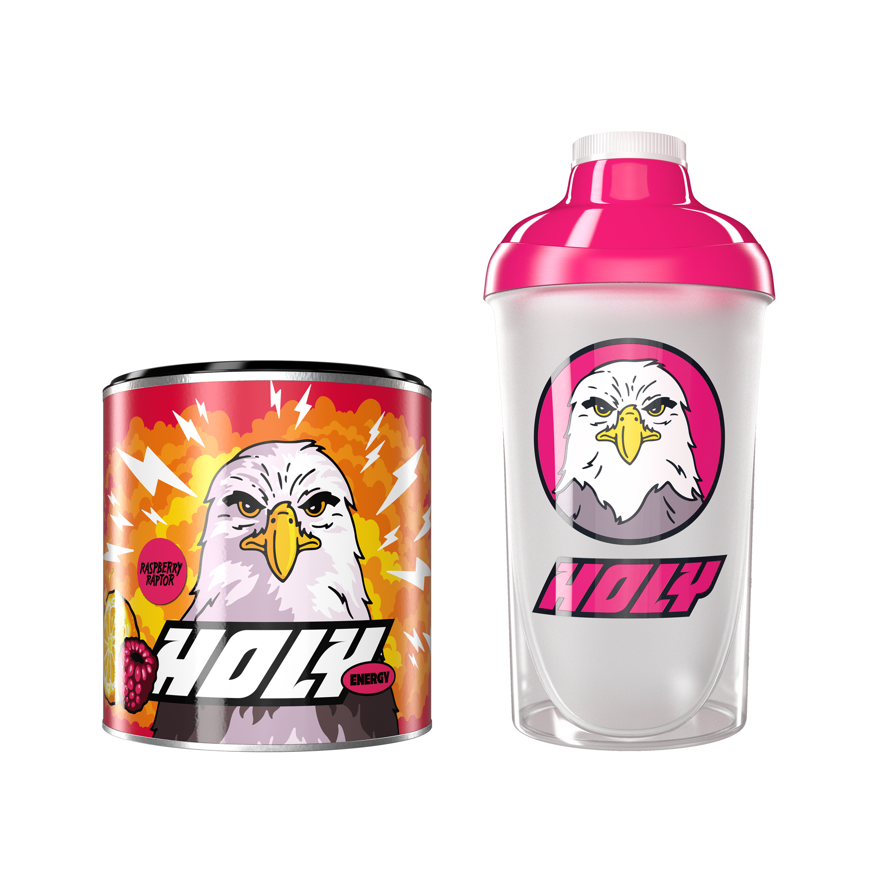 Pappdose mit einem Adler und Shaker mit pinkem Deckel, beide mit "Holy Energy"-Logo.