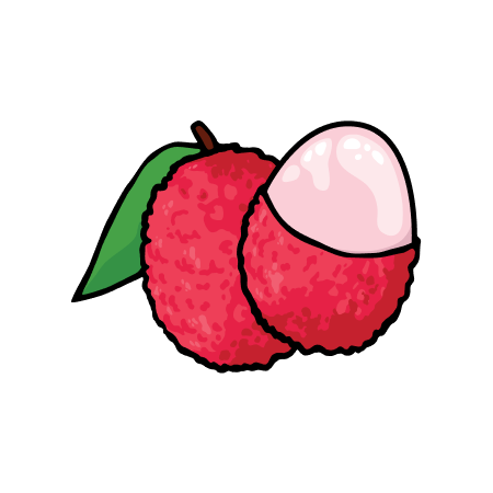 Illustration einer halb geschälten Litschi mit grünem Blatt.