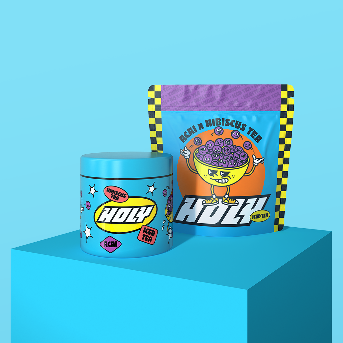 Blaue Pappdose und bunte Probepackung mit Acai-Hibiskus-Design auf einem blauen Podest.