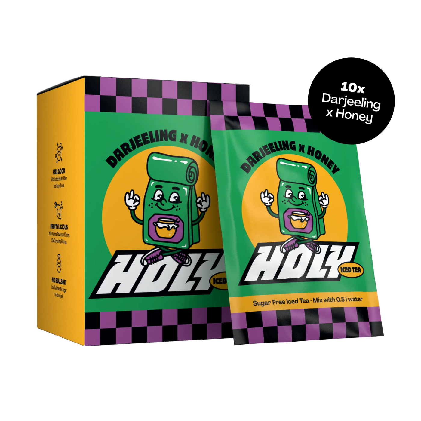 Pappbox mit Darjeeling x Honey und dazugehörige Probepackung mit cartoonhaftem Design auf schwarzem Hintergrund.