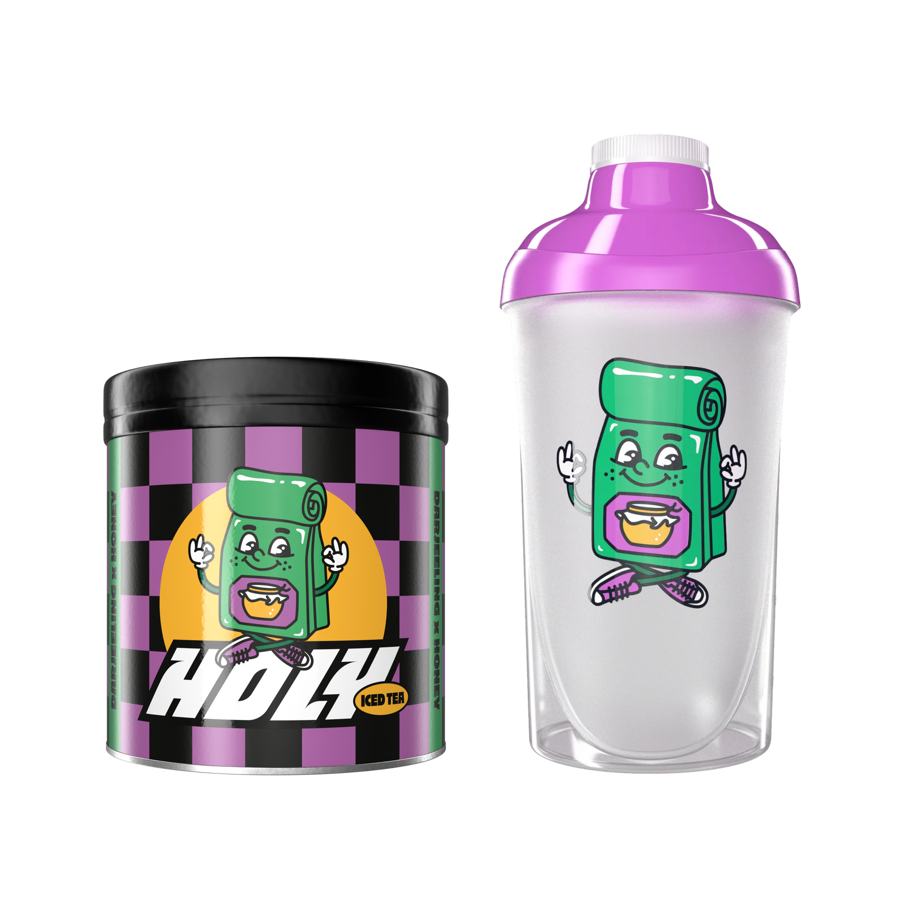 Schwarze Pappdose mit buntem Design neben einem Shaker mit lila Deckel, beide mit fröhlichem Cartoon-Motiv verziert.