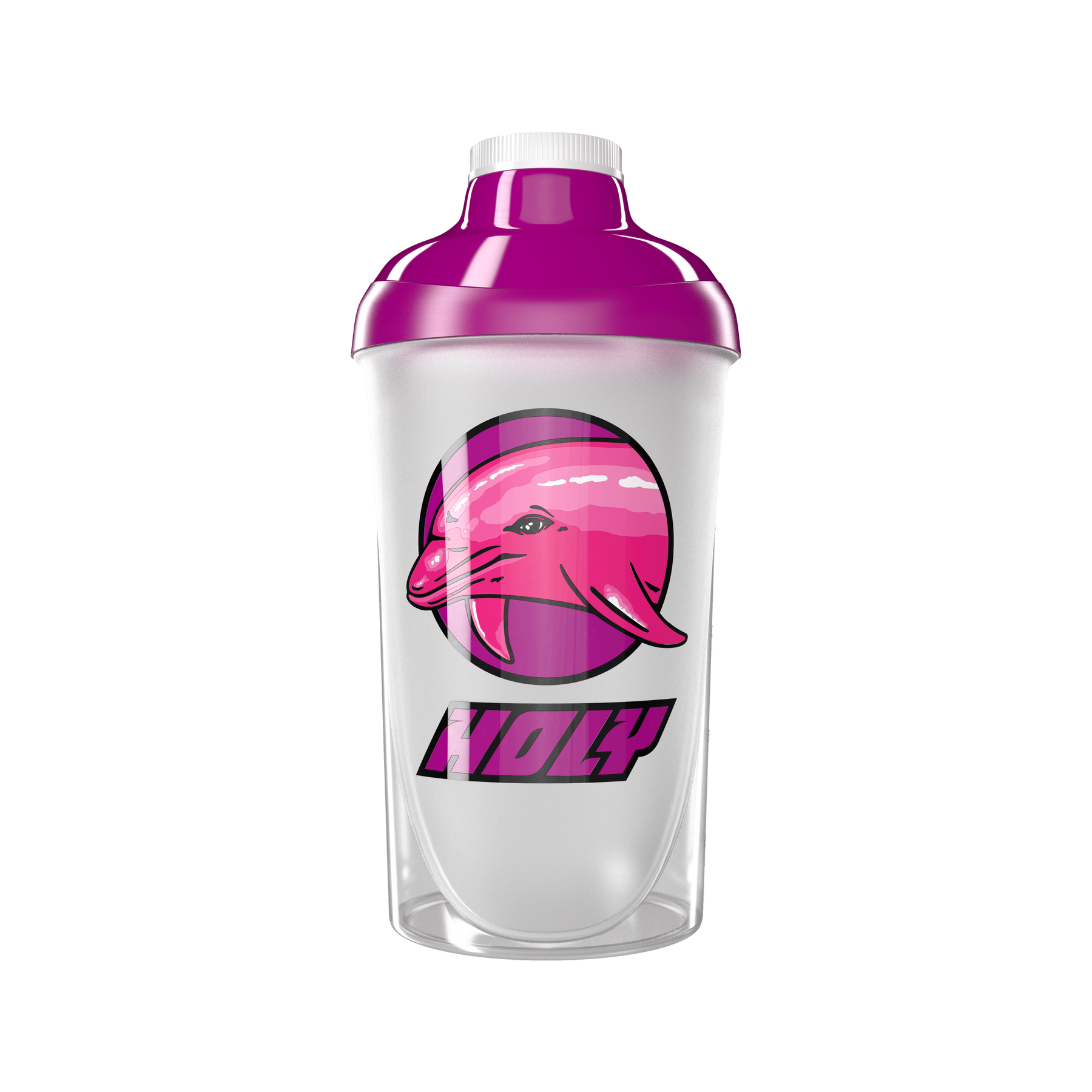 Durchsichtiger Shaker mit einem pinken Delfin-Logo und lila Deckel auf schwarzem Hintergrund.