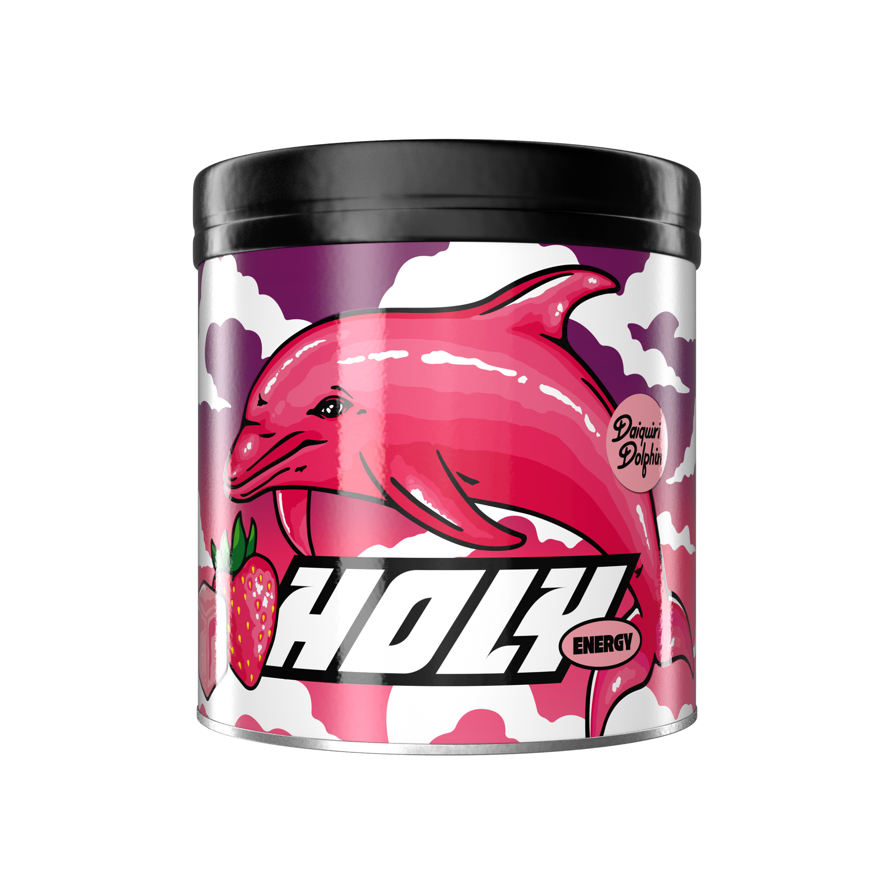 Pappdose mit einem rosafarbenen Delfin, Erdbeeren und der Aufschrift "HOLY Energy Daiquiri Dolphin" auf dem Etikett.