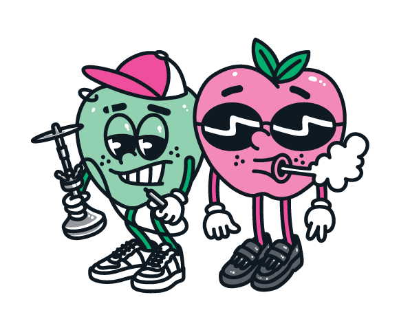Zwei cartoonartige Früchte mit Sonnenbrillen; eine raucht, die andere hält eine Shisha.