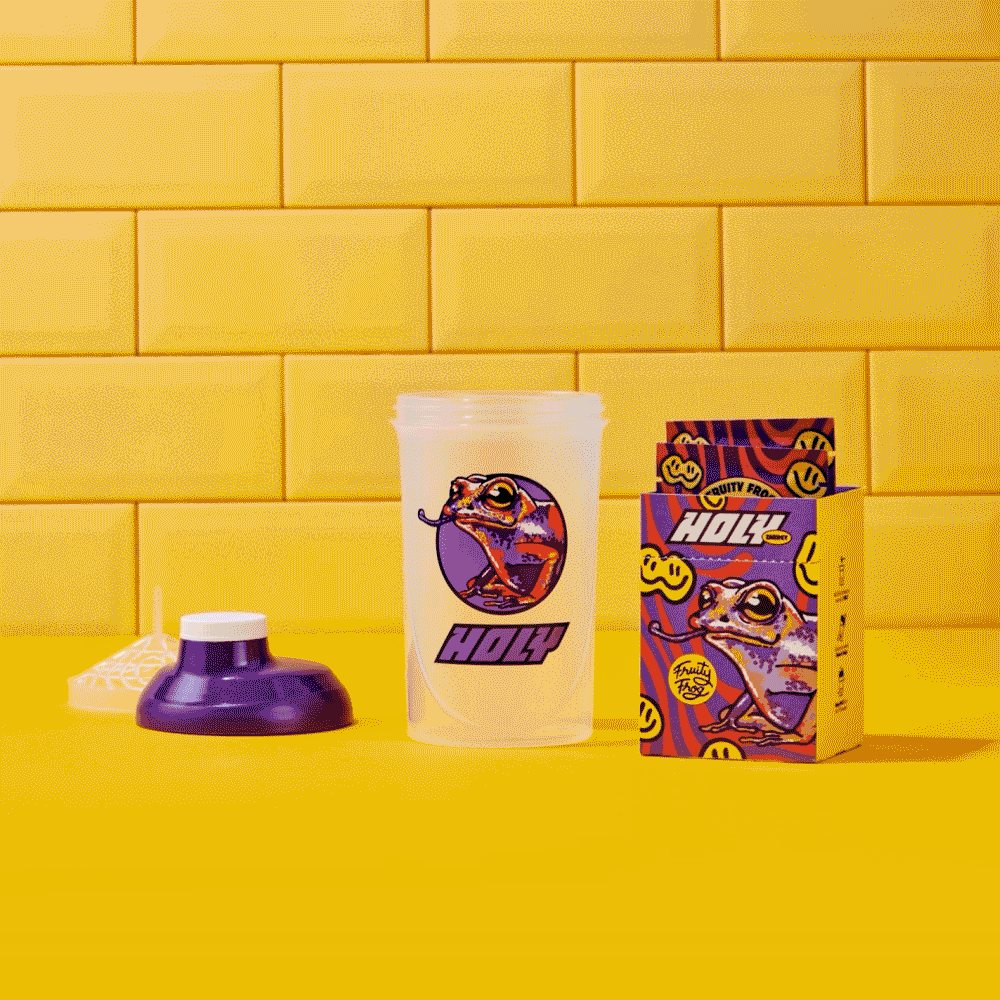 Pappdose mit Froschdesign, offene Box und Shaker-Deckel auf gelbem Hintergrund.