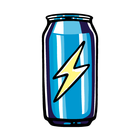 Blaue Pappdose mit einem gelben Blitzsymbol auf der Vorderseite, isoliert auf schwarzem Hintergrund.