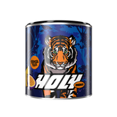Eine HOLY Energy Pappdose mit Tiger-Design und "Tropical Tiger" Aufschrift auf blauem Hintergrund.