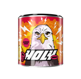 Pappdose mit Design eines Adlers, Blitzen und Früchten, beschriftet mit "HOLY Energy Raspberry Raptor".