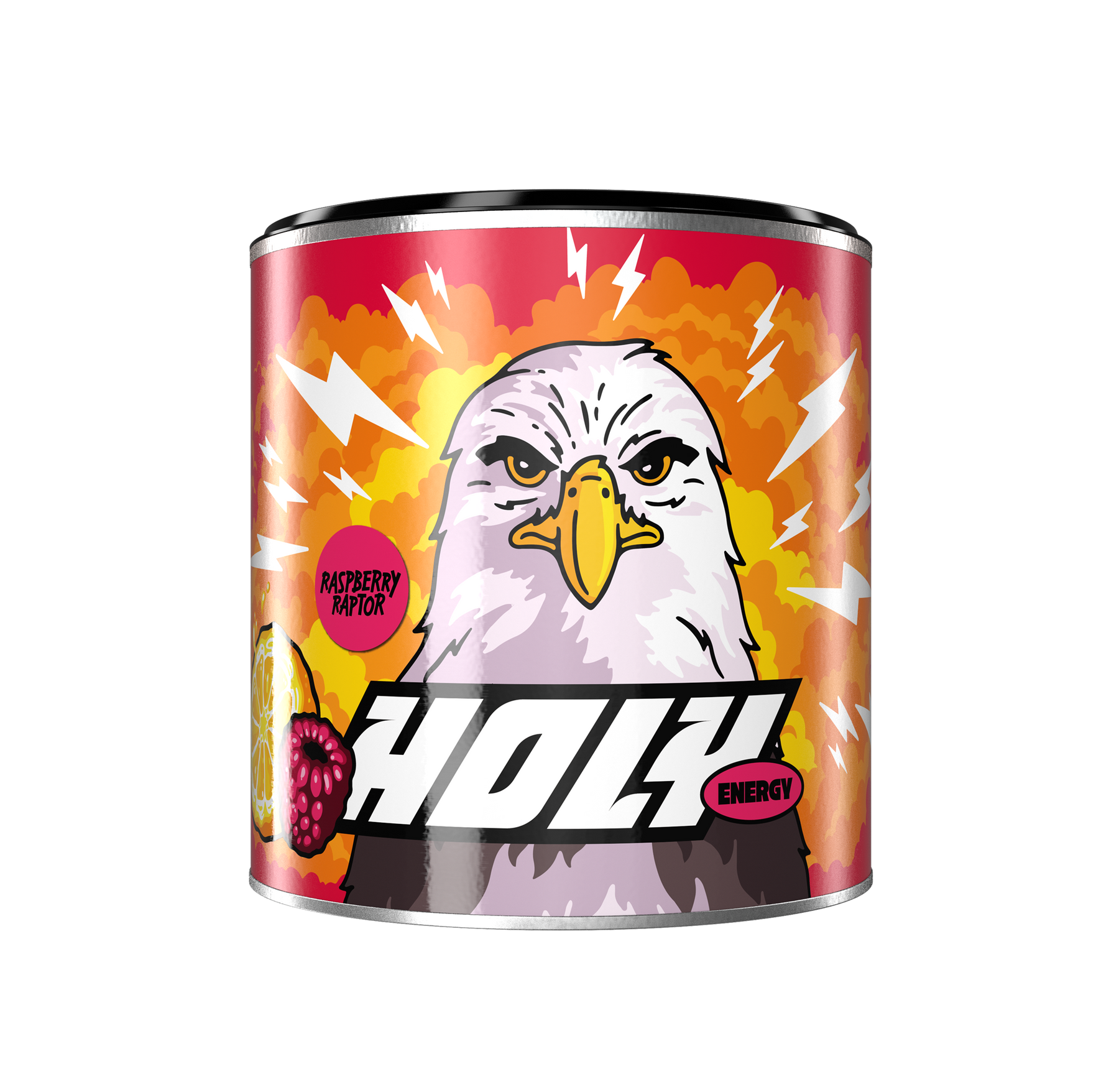 Pappdose mit Design eines Adlers, Blitzen und Früchten, beschriftet mit "HOLY Energy Raspberry Raptor".