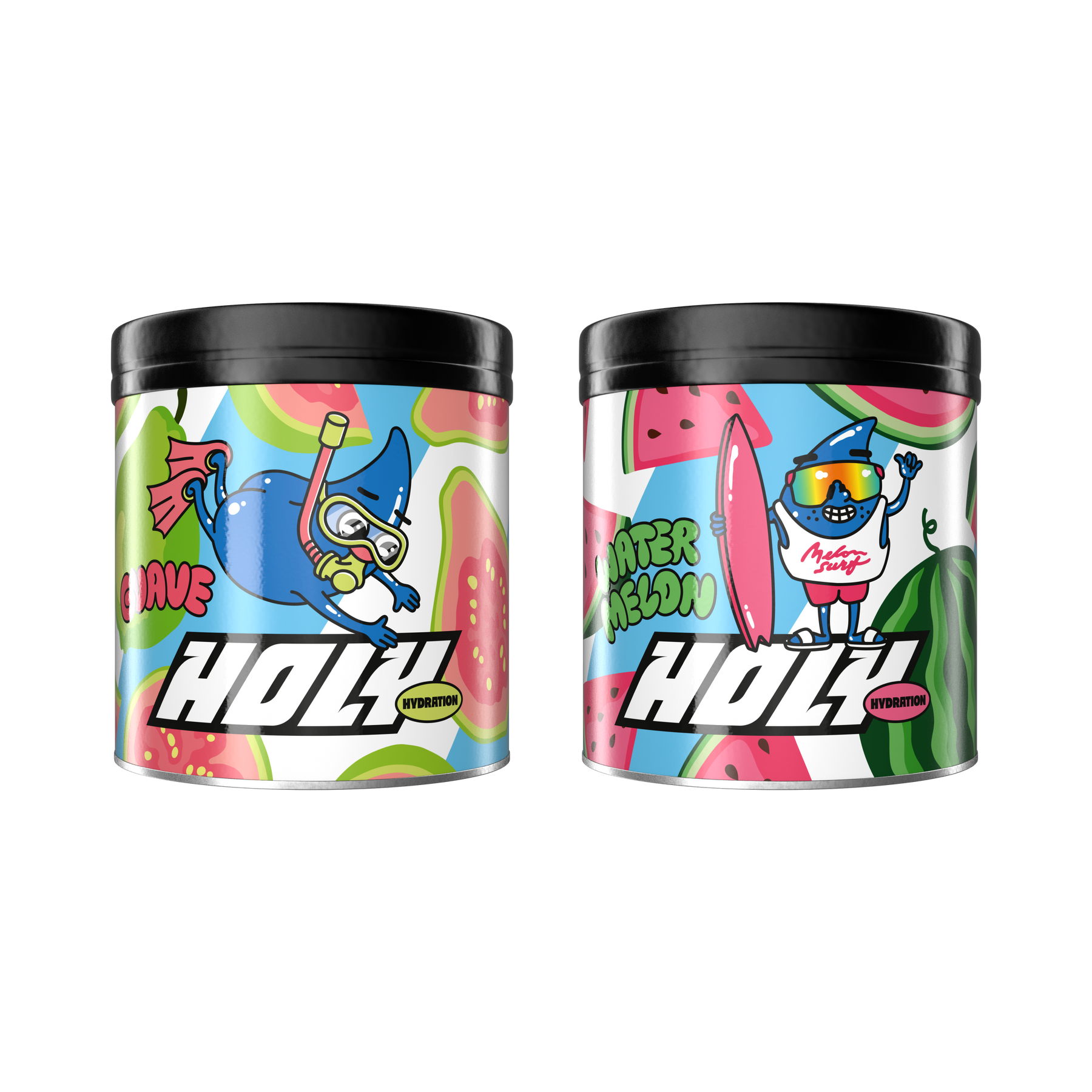 Zwei bunte Pappdosen mit verspielten Zeichnungen und dem Schriftzug "HOLY Hydration".