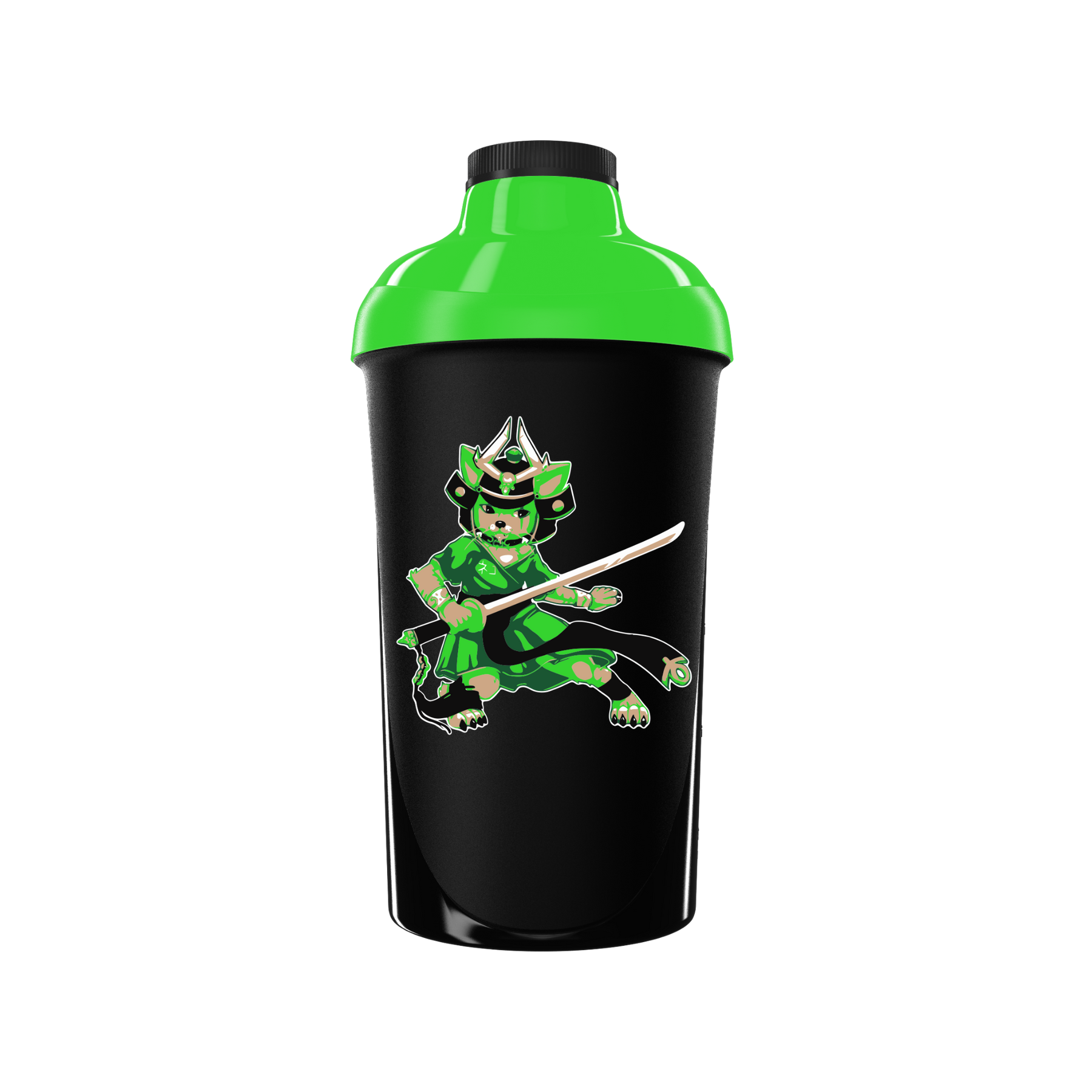 Schwarzer Shaker mit grünem Deckel und einem Samurai-Katzen-Motiv in grüner Rüstung.