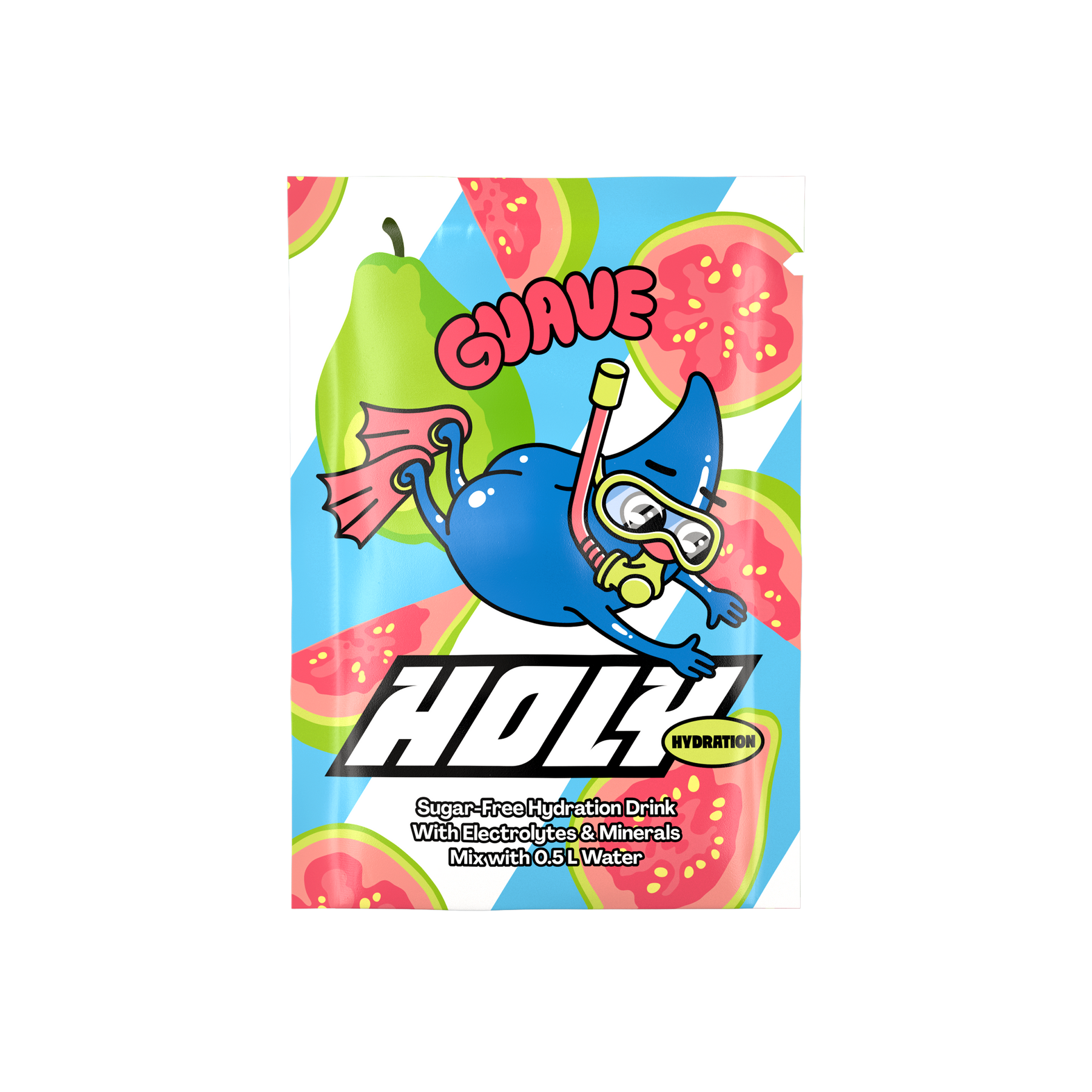 Sachet mit einem Cartoon-Charakter in Taucherausrüstung, umgeben von Guaven- und Birnenmotiven.