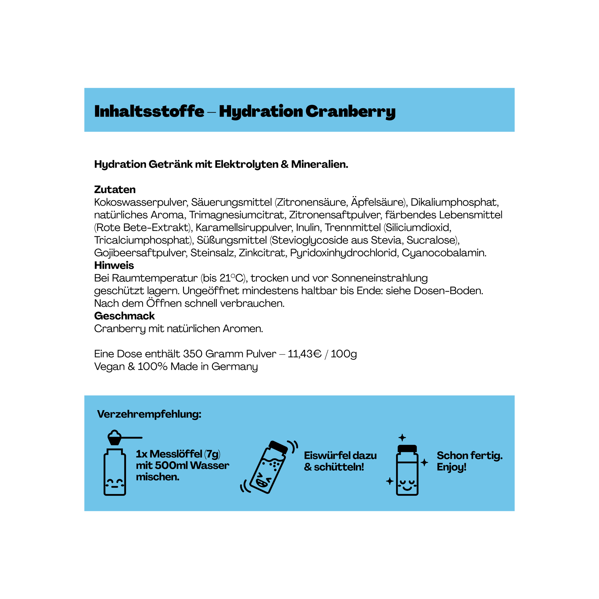 Produkthinweise für ein Hydrationsgetränk mit Cranberry-Geschmack, inkl. Zutaten und Zubereitungsempfehlung mit Shaker.