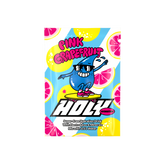 Bunte Verpackung mit Aufschrift "Pink Grapefruit" und einer surfenden blauen Figur, umgeben von Grapefruit-Motiven.