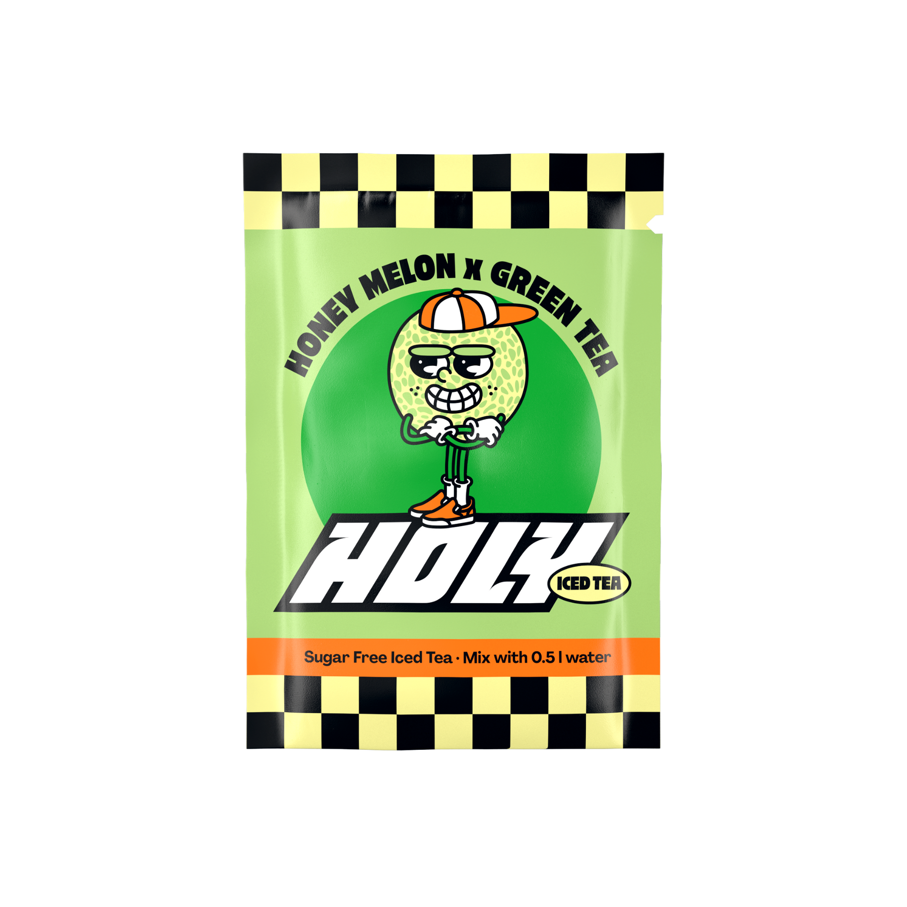 Grünes Sachet mit Comic-Melone, "Honey Melon x Green Tea" und "HOLY Iced Tea" Schriftzug auf kariertem Hintergrund.