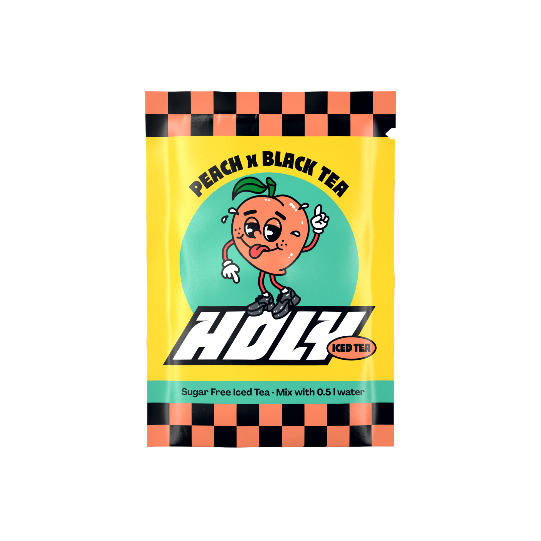 Sachet mit Pfirsich-Schwarztee-Design, beschriftet mit "Peach x Black Tea" und "Holly", auf gelbem Hintergrund.