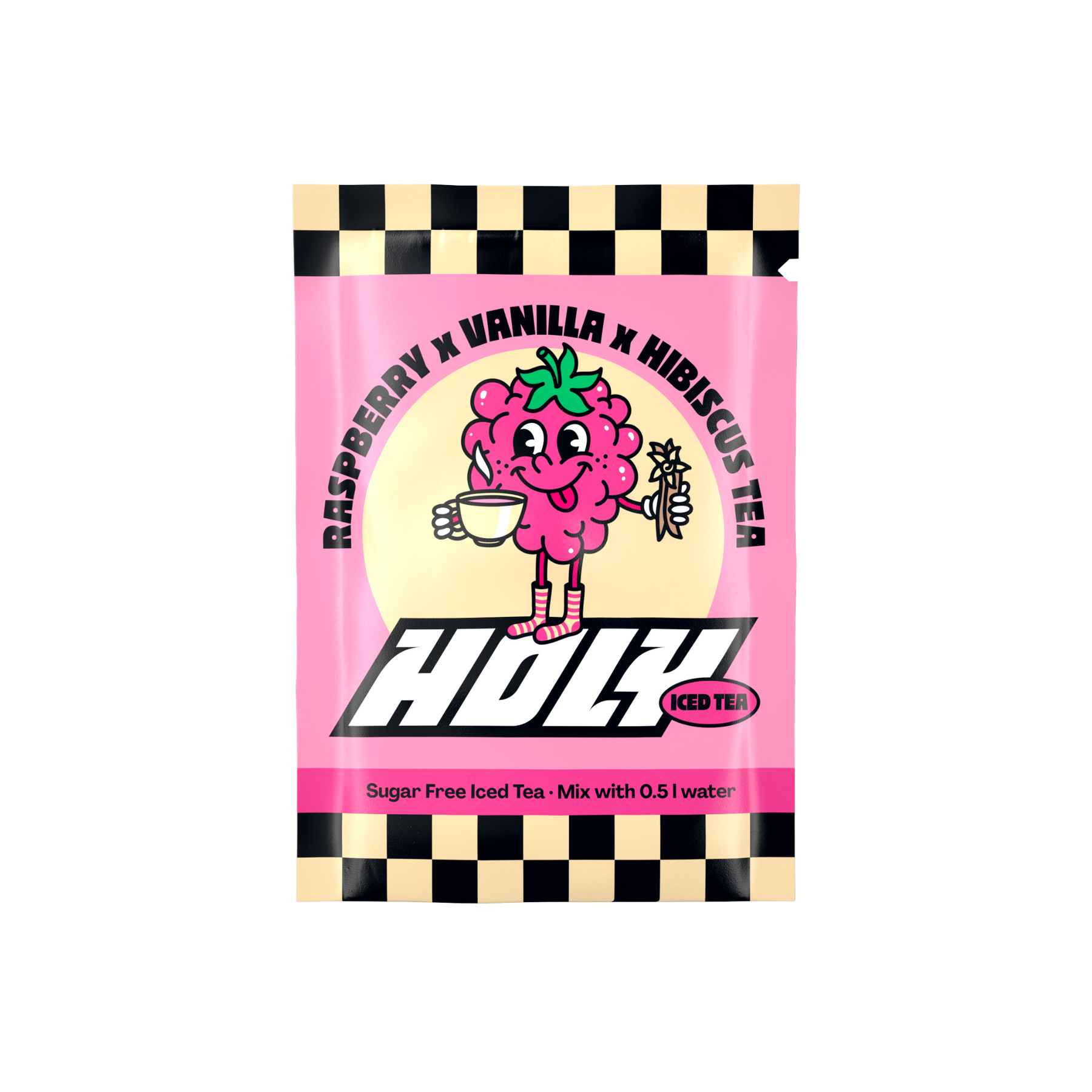Pinkes Sachet mit lächelnder Himbeerfigur, die eine Tasse hält, und der Aufschrift "HOLY Iced Tea" in Schwarz-Weiß.