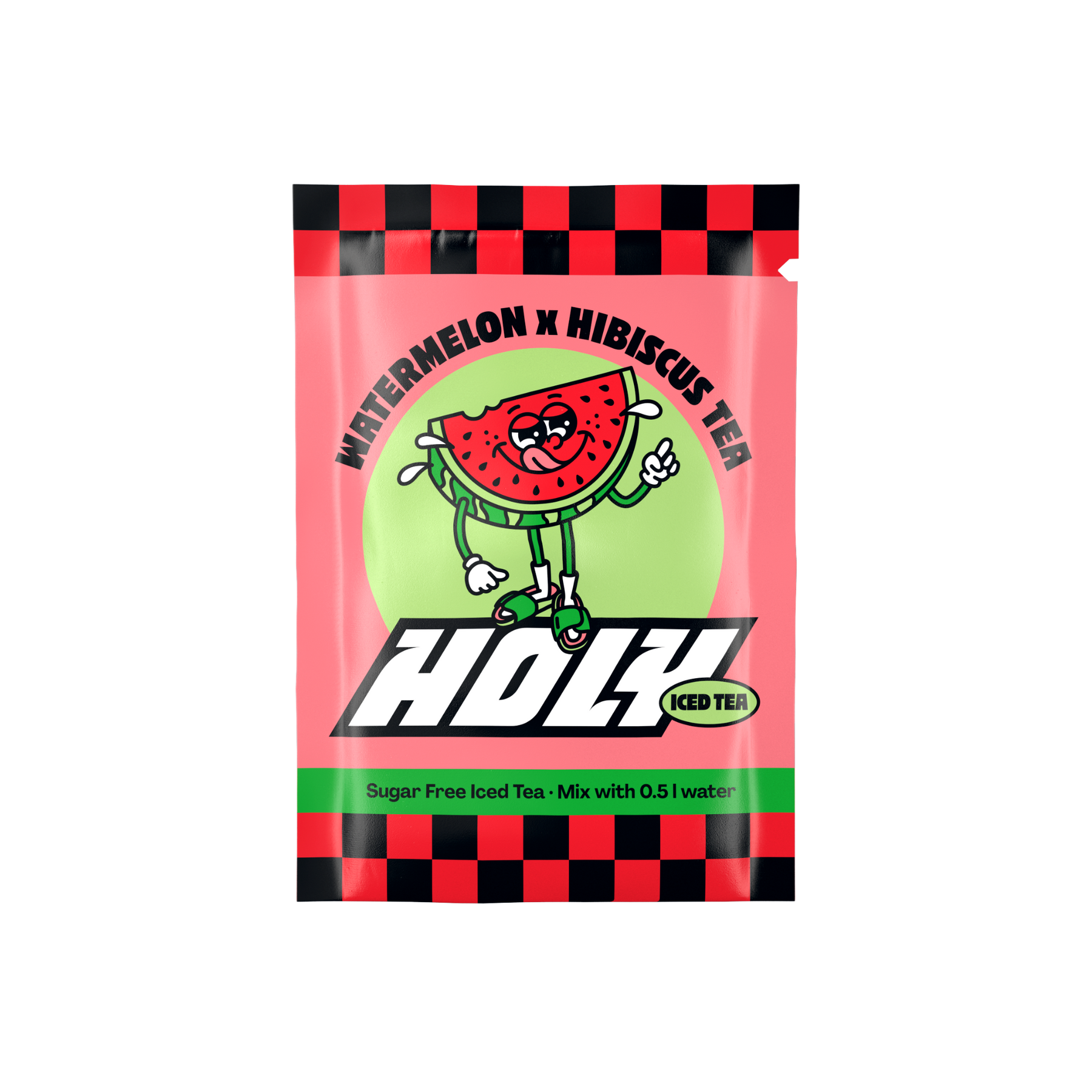 Rosa Probepackung "Wassermelone x Hibiskus Tee" mit einem Cartoon-Wassermelonenstück und dem Schriftzug "HOLY".