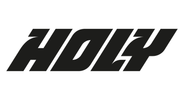 Schwarzer Schriftzug "HOLY" in fetten, schrägen Buchstaben auf weißem Hintergrund.