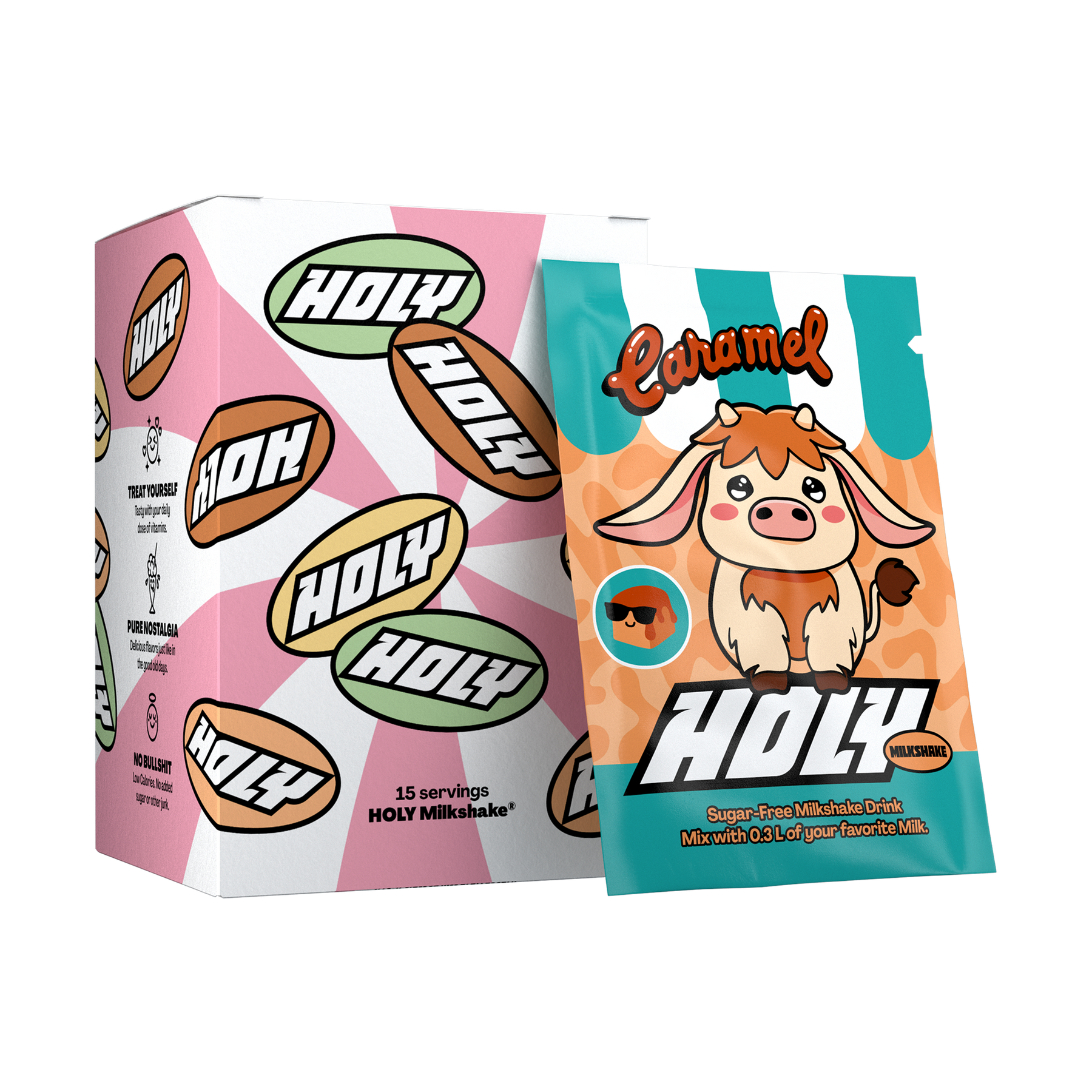 Pappbox mit "HOLY" Aufschrift und Probepackung "Caramel" mit Cartoon-Tiermotiv.