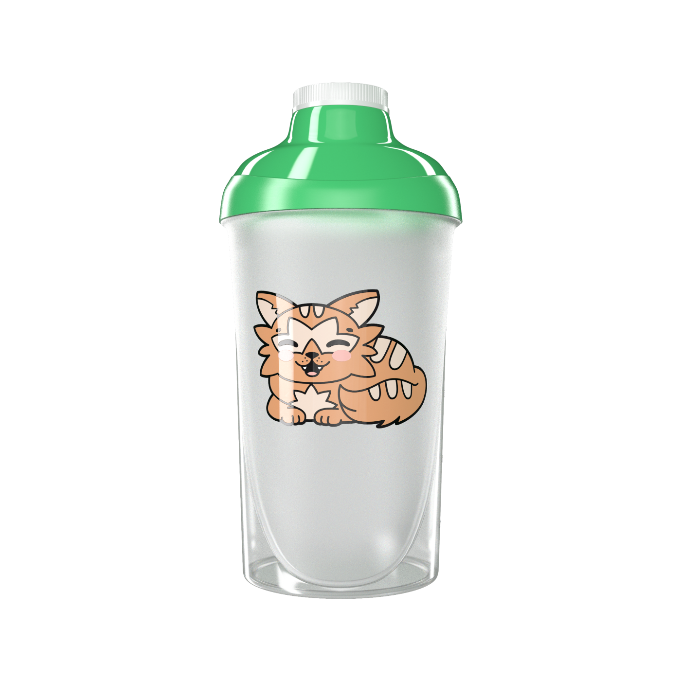 Ein Shaker mit grünem Deckel und einem niedlichen Cartoon-Katzenmotiv auf der Seite.