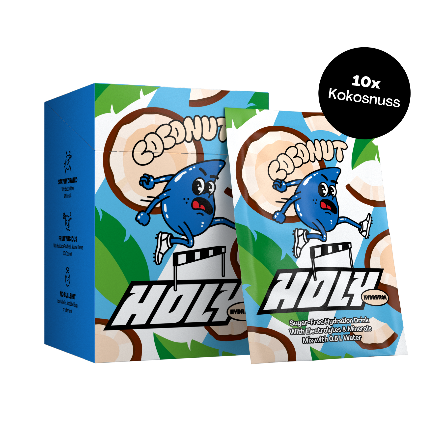 Blaue Pappbox und Sachet mit Kokosnuss-Motiv und Schriftzug "HOLY" vor schwarzem Hintergrund.