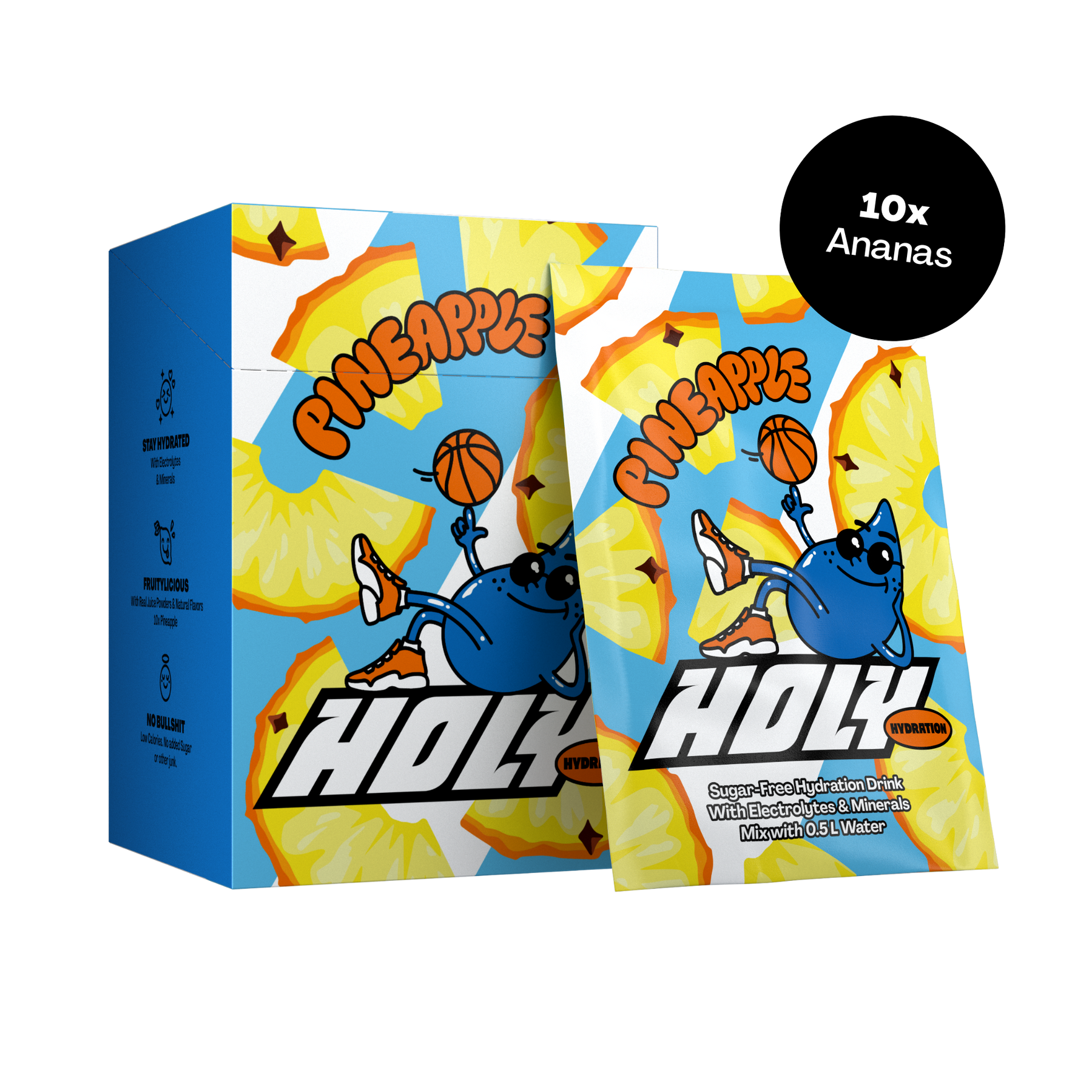 Bunte Pappbox mit Ananas-Motiv und einem blauen Cartoon. Enthält zehn Ananas-Geschmack Sachets.