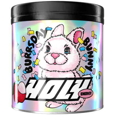 Schimmernde Pappdose mit weißem Hasenmotiv und der Aufschrift „Burrsday Bunny“.