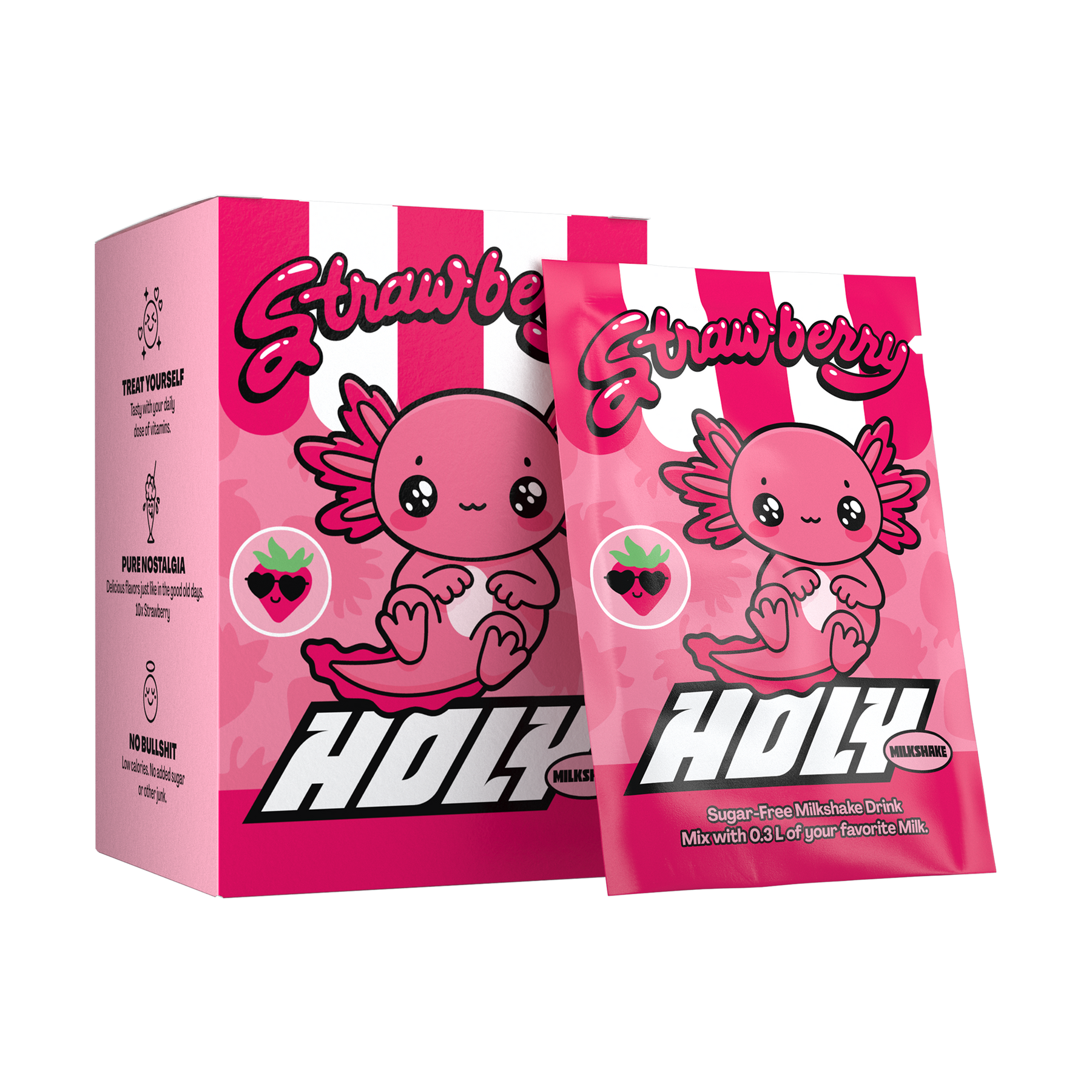 Pinkfarbene Pappbox mit einem Axolotl-Motiv, beschriftet mit "strawberry" und einer passenden Probepackung.