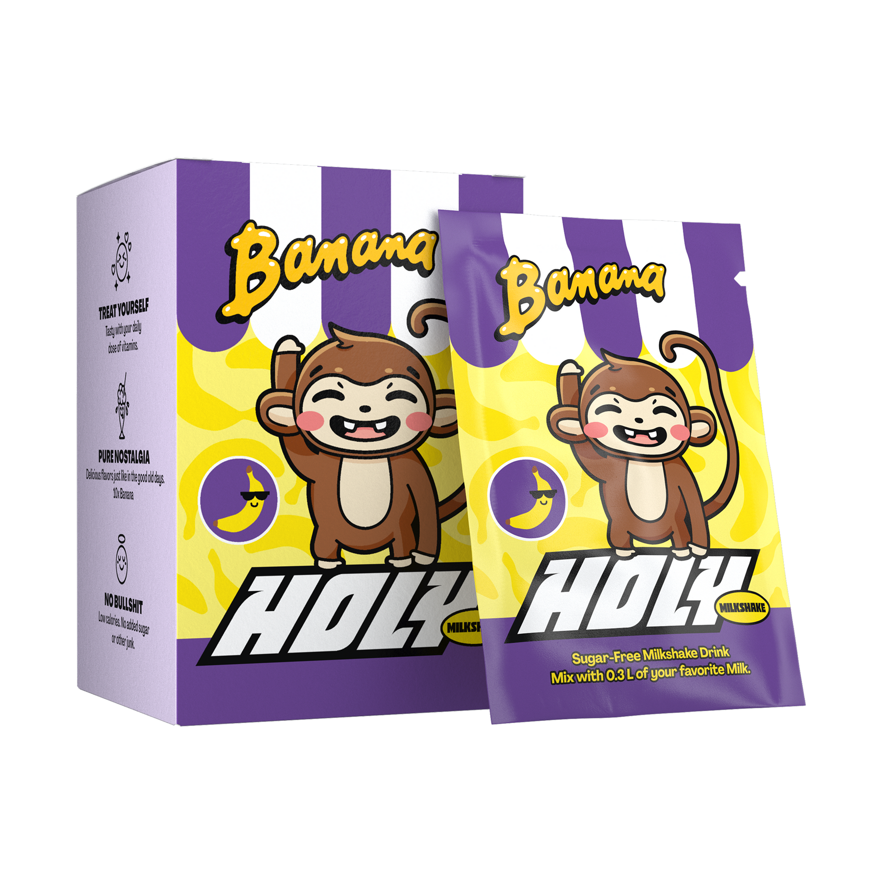Lila Pappbox mit zwei Bananen-Milchshake-Sachets und einer fröhlichen Affenillustration.