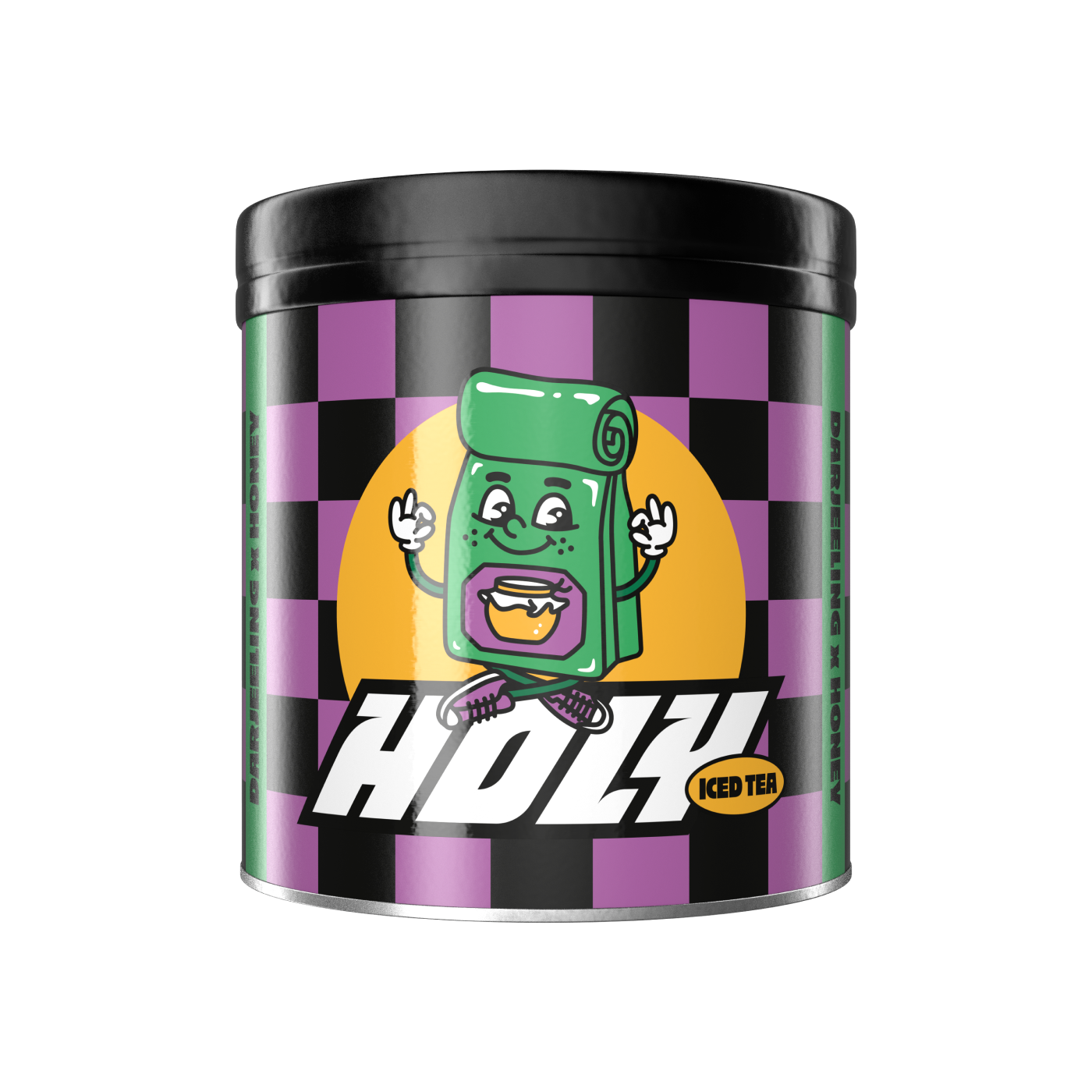 Schwarze Pappdose mit einem fröhlichen Cartoon-Charakter vor lila-schwarzem Karomuster und der Aufschrift "Holly Iced Tea".